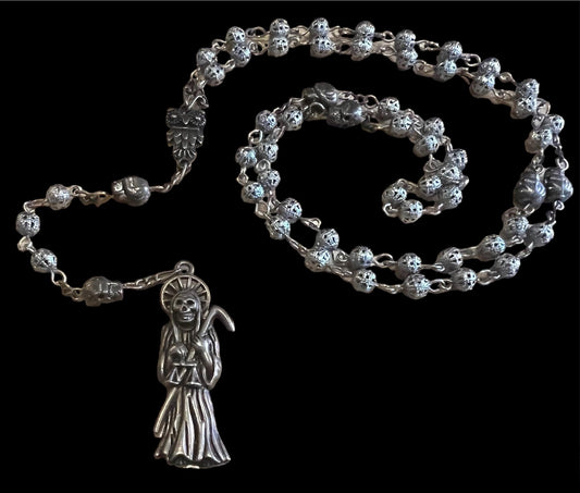 Santa Muerte Silver Rosary + Plata + Blessed + Money + Success + Luck + Sterling Silver Plated Chain + Handcrafted + Rosario