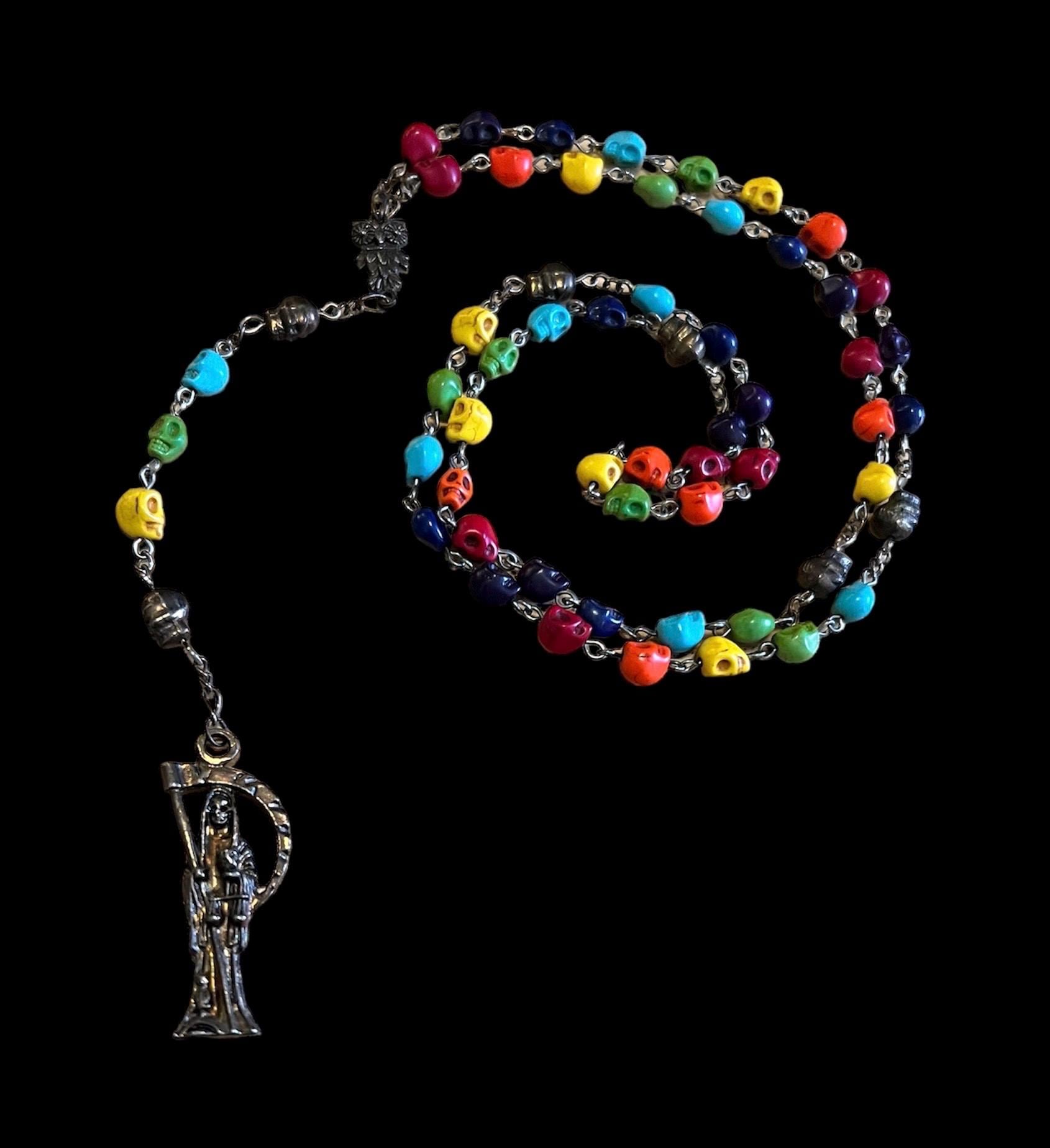 Santa Muerte Siete Colores Rosary + Siete Potencias + Blessed + All-Purpose + Sterling Silver Plated Chain + Handcrafted + Rosario