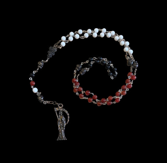 Santa Muerte Rosary + Gemstone + Blessed + Traditional Colors + Three Robes + Sterling Silver Plated Chain + Handcrafted
