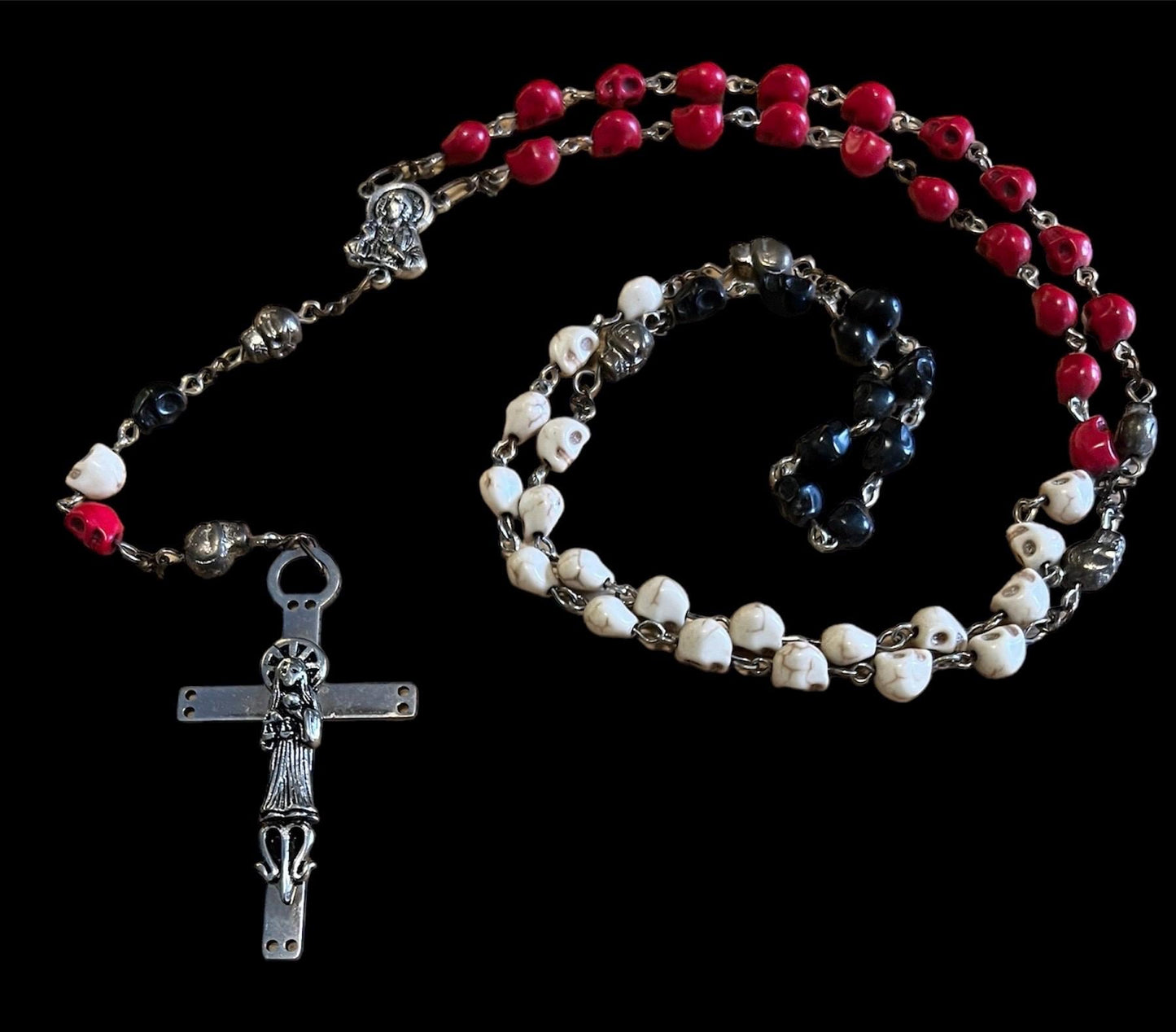 Santa Muerte Rosary with Tricolor Skulls & SM Cross + 3 Robes + Blessed + All-Purpose + Sterling Silver Plated Chain + Handcrafted + Rosario