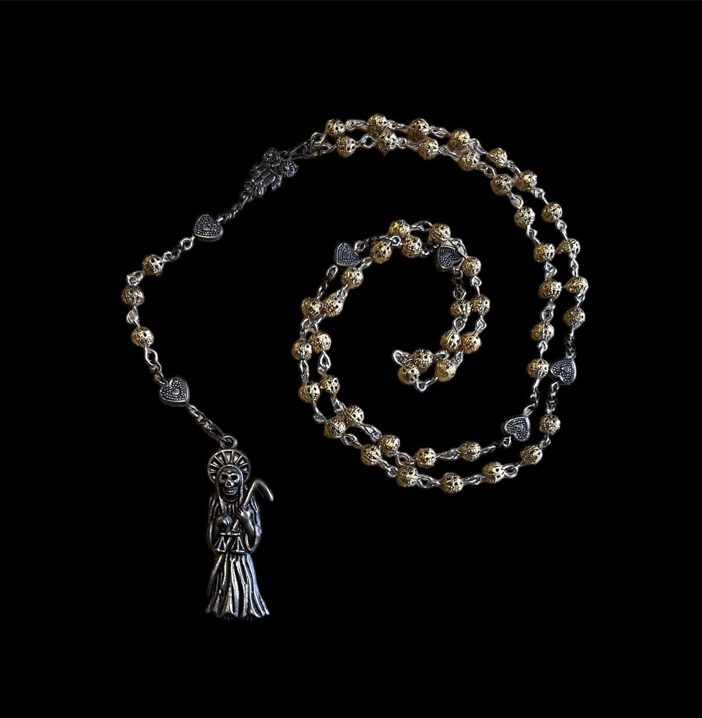 Santa Muerte Dorada Rosary + Oro + Heart of Gold + Blessed + Sterling Silver Plated Chain + Handcrafted + Rosario