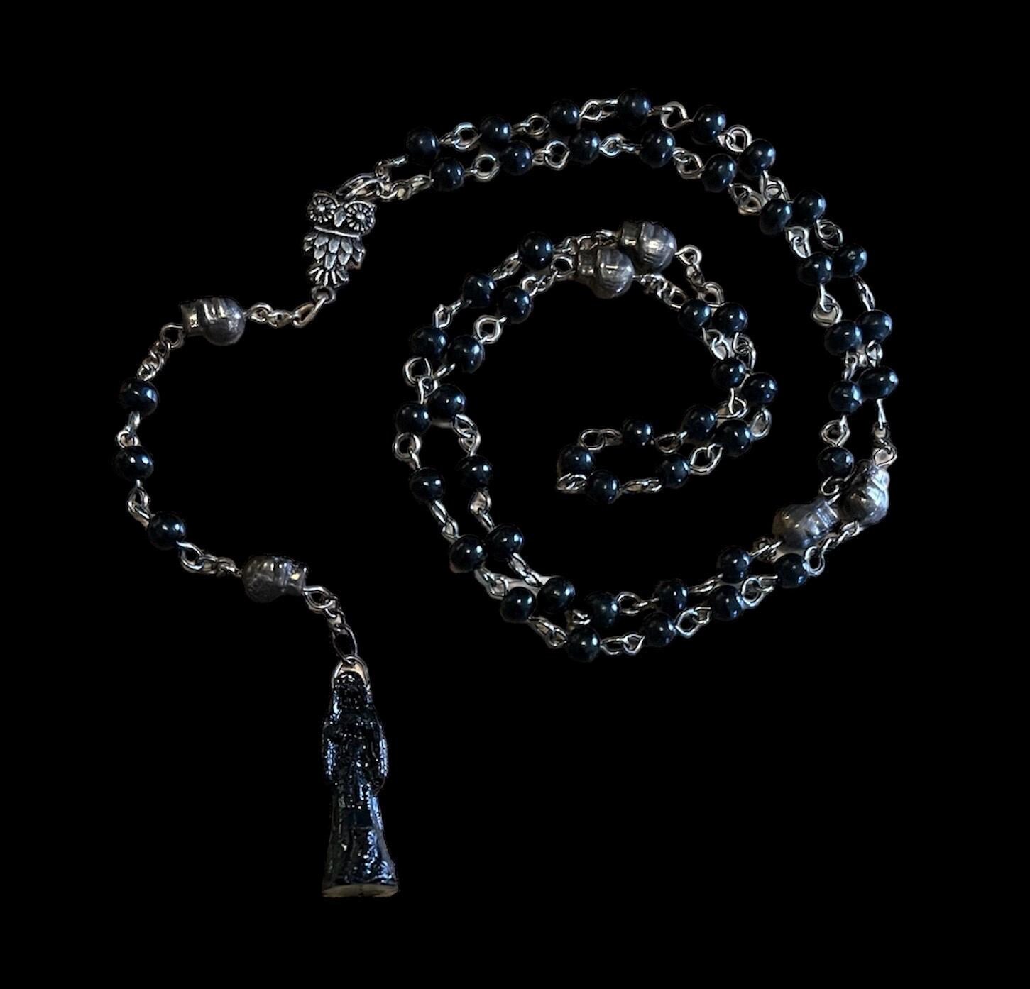 Santa Muerte Negra Rosary + Protection + Reversing + Black + Blessed + Sterling Silver Plated Chain + Handcrafted + Rosario