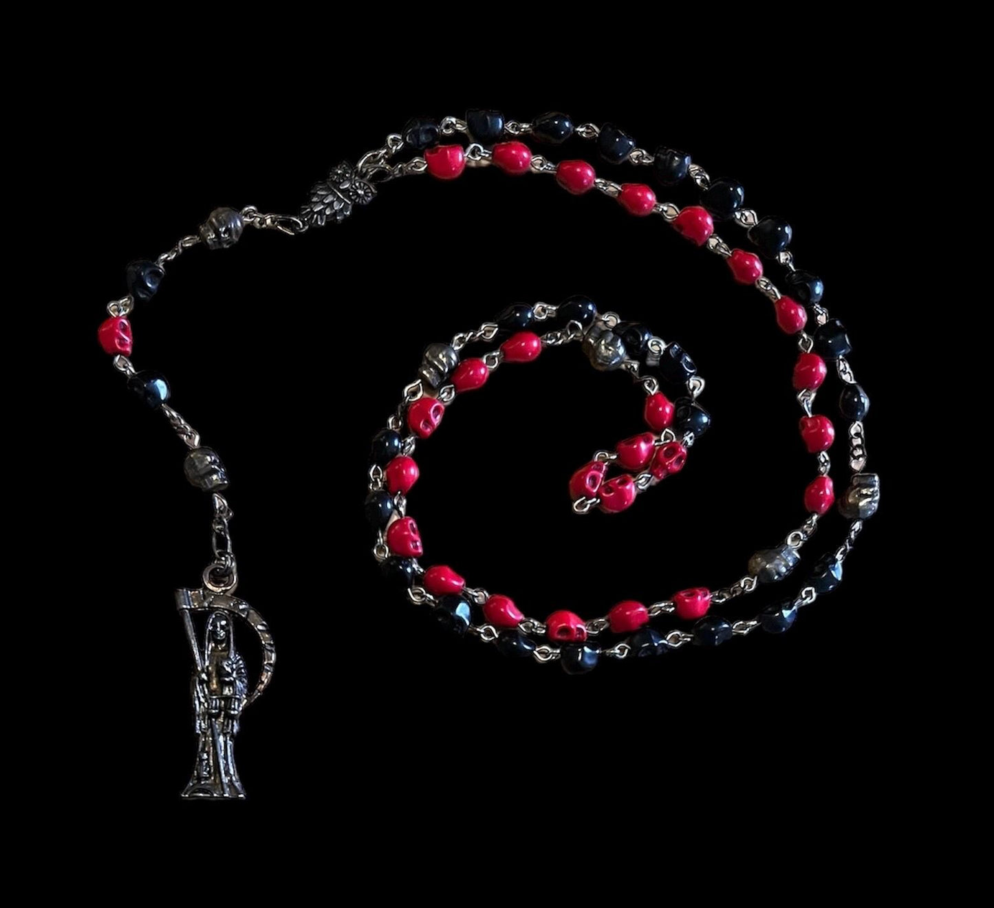 Santa Muerte Reversing Rosary + Red & Black Robes + Blessed + Sterling Silver Plated Chain + Handcrafted + Domination + Amarres + Binding