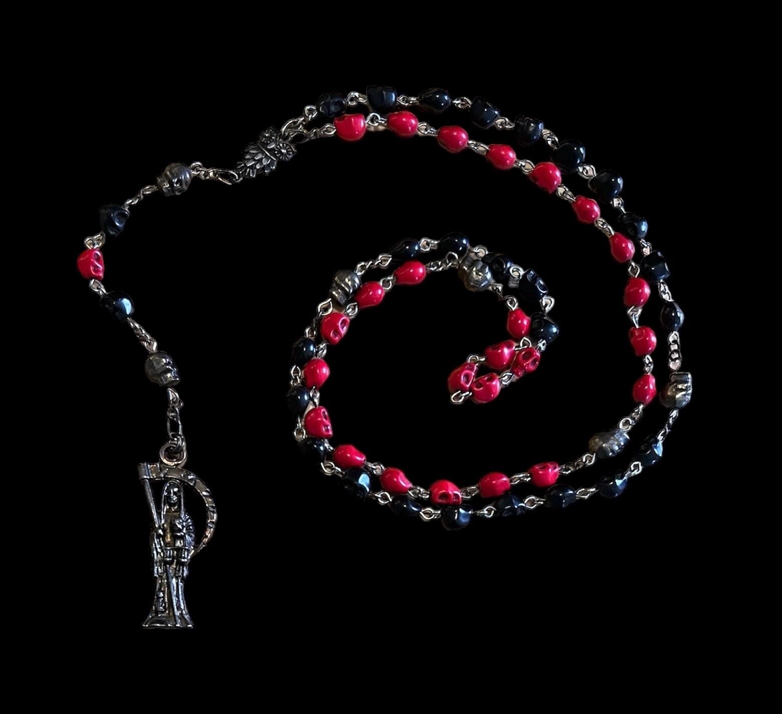 Santa Muerte Reversing Rosary + Red & Black Robes + Blessed + Sterling Silver Plated Chain + Handcrafted + Domination + Amarres + Binding