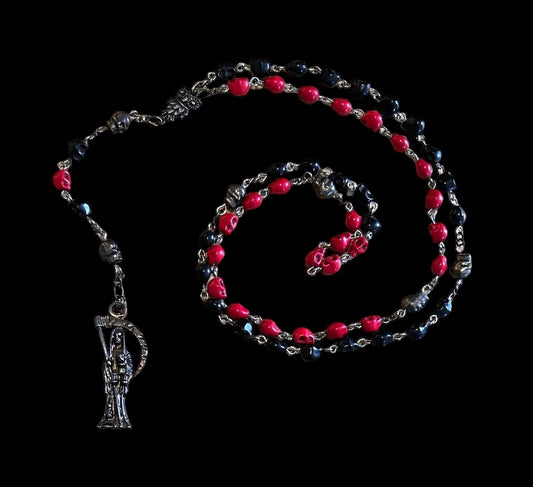 Santa Muerte Reversing Rosary + Red & Black Robes + Blessed + Sterling Silver Plated Chain + Handcrafted + Domination + Amarres + Binding
