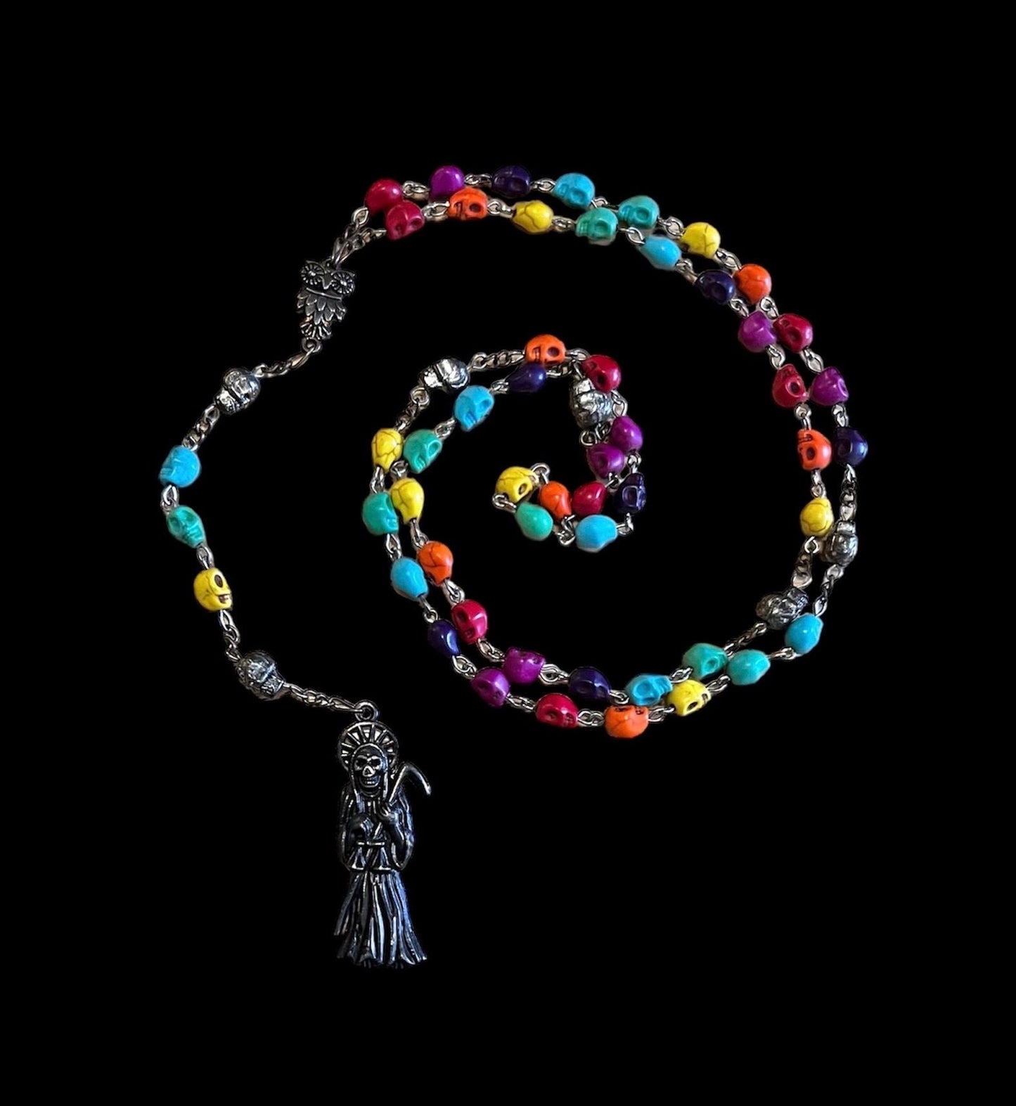 Santa Muerte Siete Colores Rosary + Siete Potencias + Sterling Silver Plated Chain + Handcrafted + Rosario