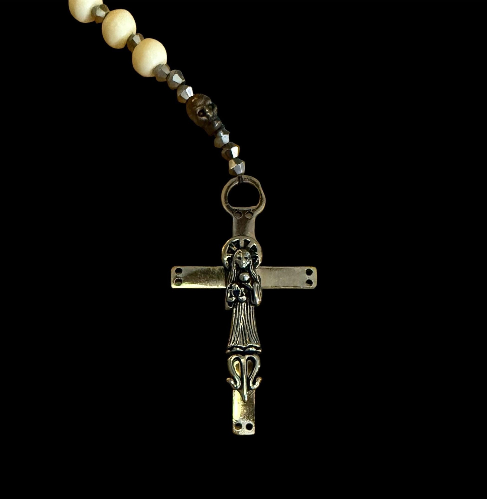 Santa Muerte Blanca Rosary de Hilo with Large Bone Beads & Santa Muerte Cross + Blessed + Handcrafted + Rosario