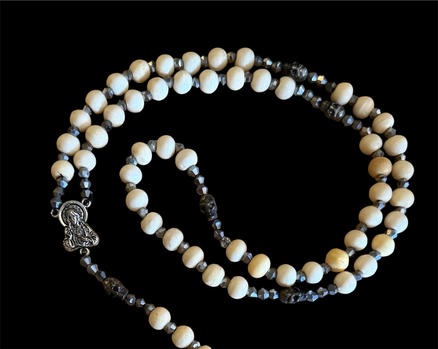 Santa Muerte Blanca Rosary de Hilo with Large Bone Beads & Santa Muerte Cross + Blessed + Handcrafted + Rosario