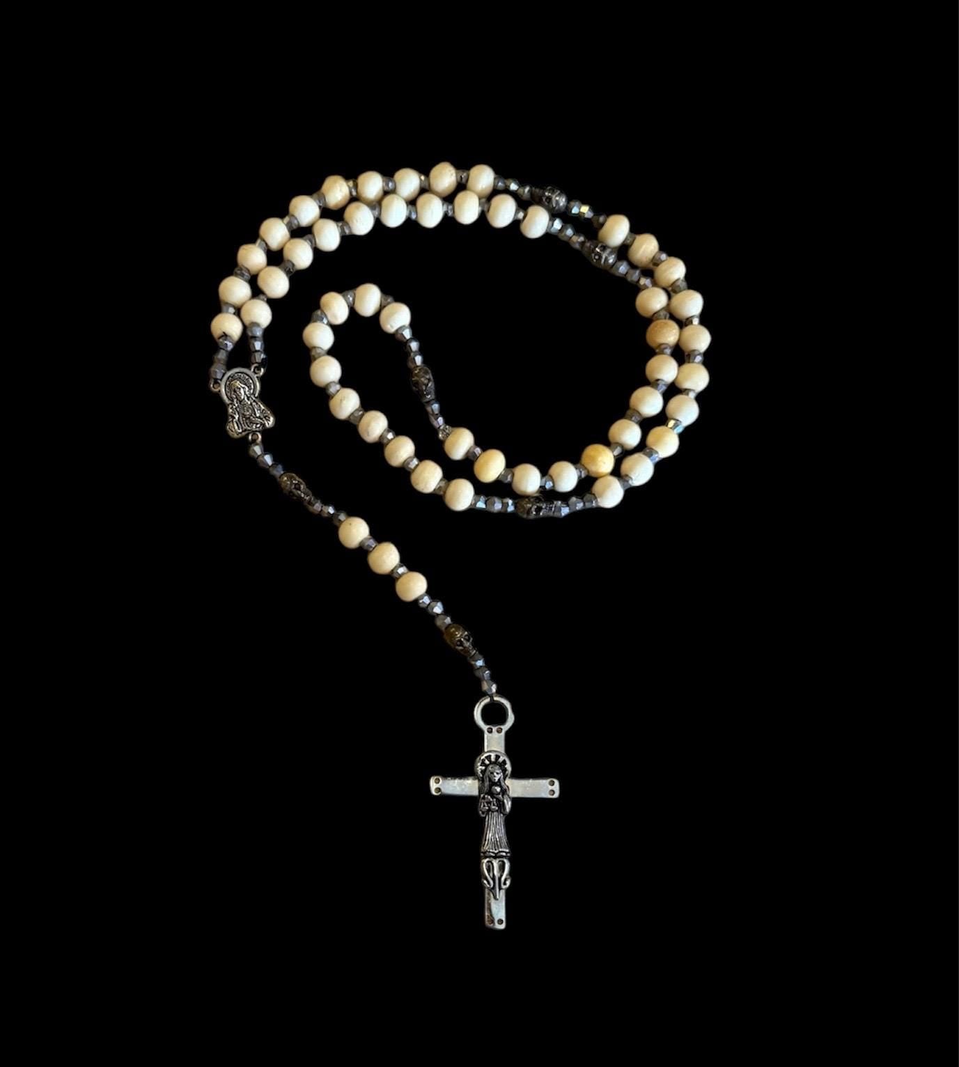 Santa Muerte Blanca Rosary de Hilo with Large Bone Beads & Santa Muerte Cross + Blessed + Handcrafted + Rosario