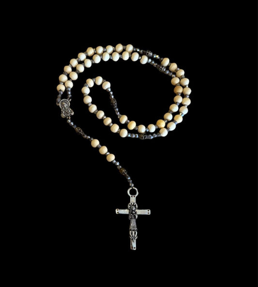 Santa Muerte Blanca Rosary de Hilo with Large Bone Beads & Santa Muerte Cross + Blessed + Handcrafted + Rosario
