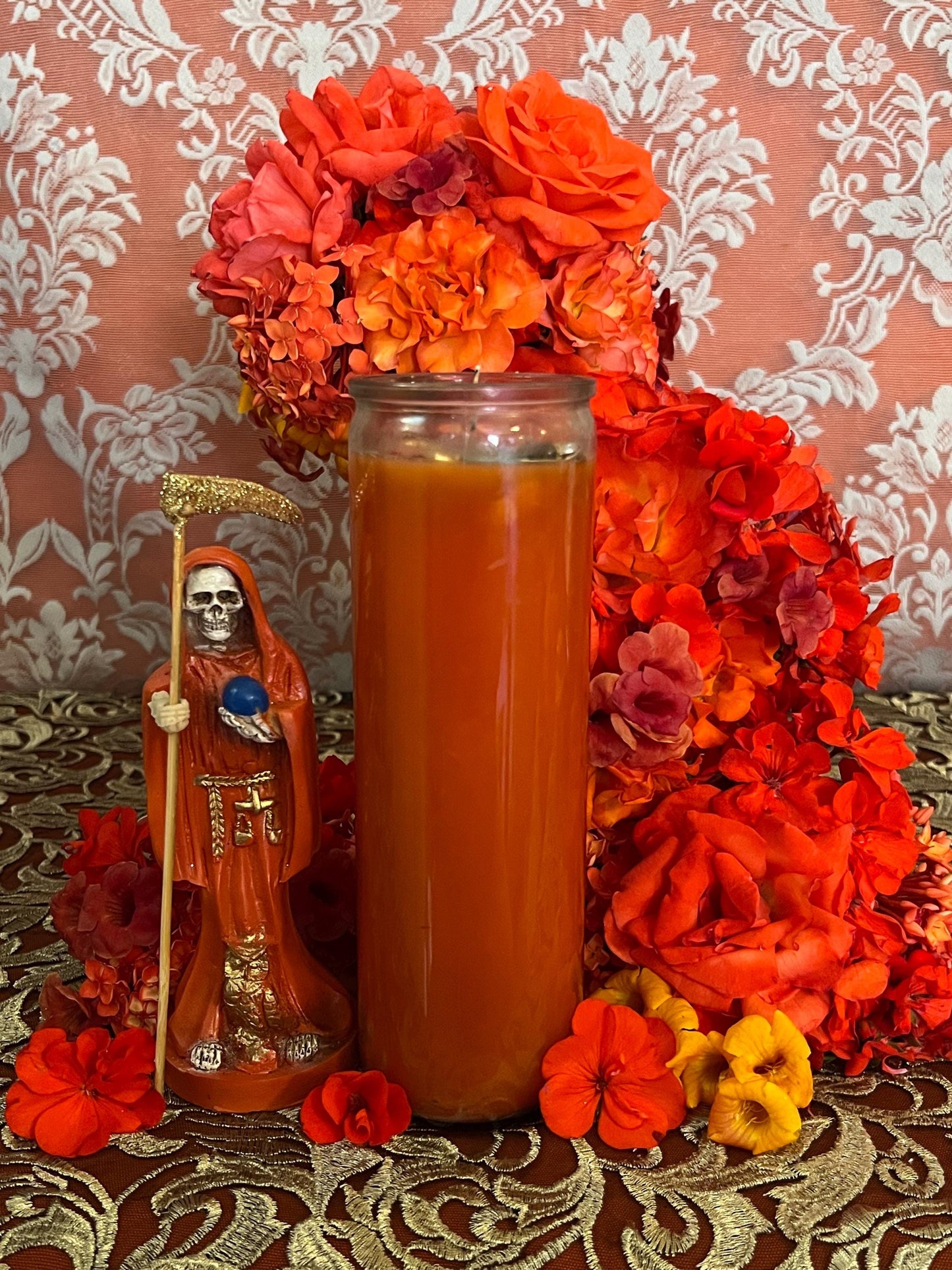 Santa Muerte Naranja Fixed Candle + Protection + Domination + Overcoming Addiction + Control + Abre Camino + Road Opener + Orange