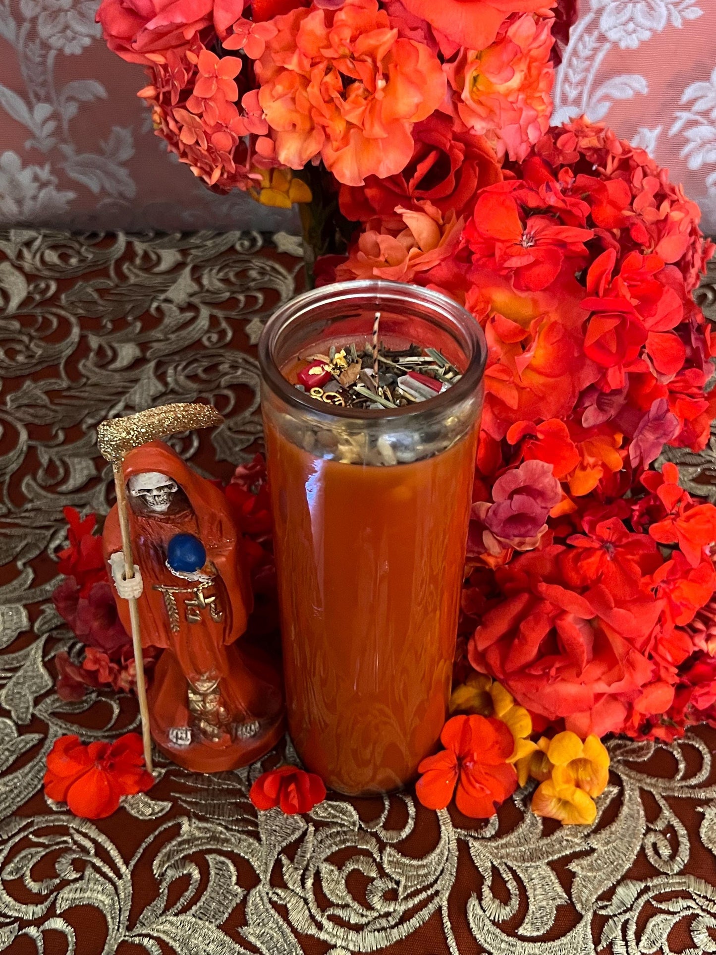 Santa Muerte Naranja Fixed Candle + Protection + Domination + Overcoming Addiction + Control + Abre Camino + Road Opener + Orange