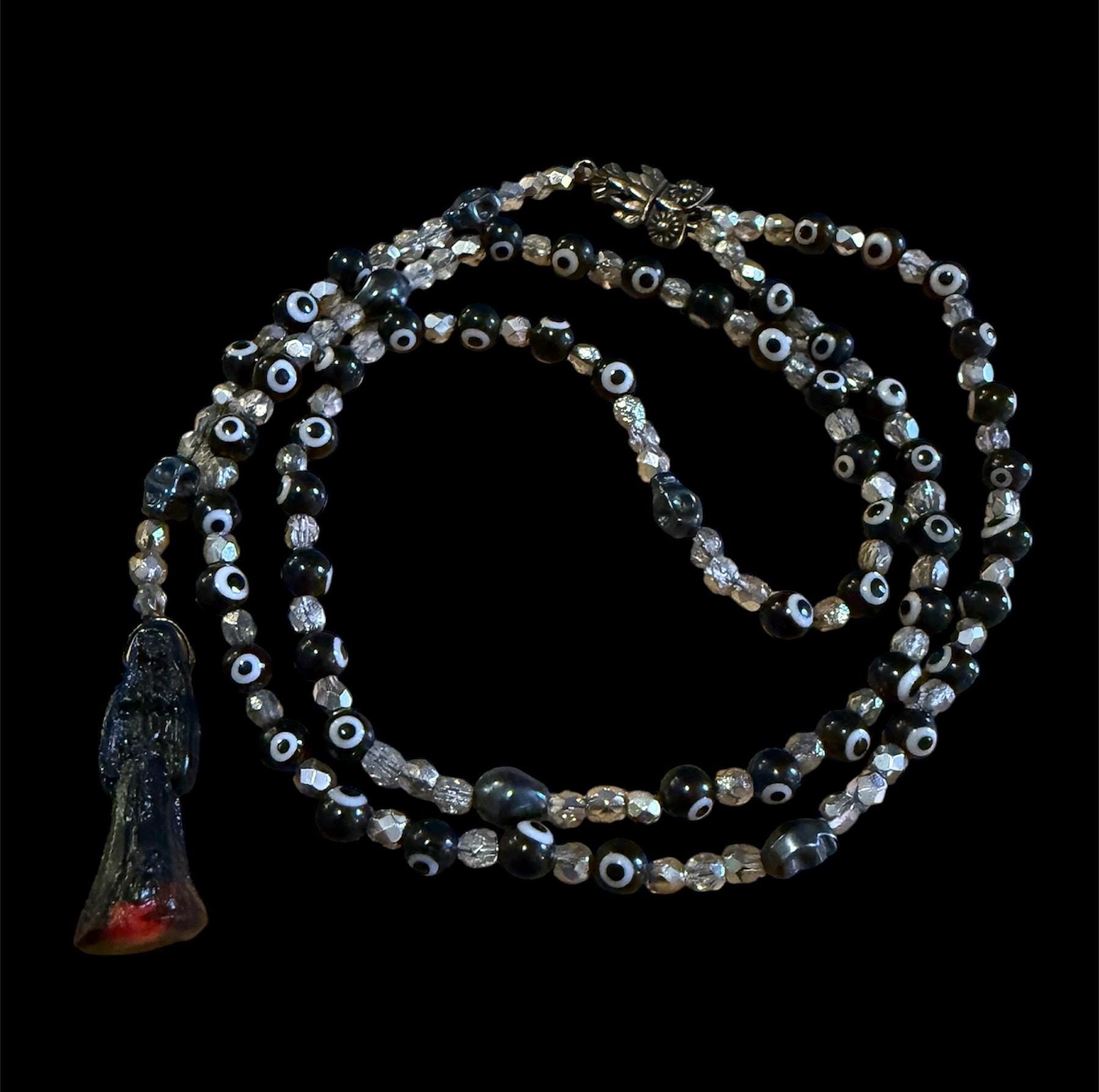 Santa Muerte Negra Evil Eye Rosary de Hilo + Protection + Reversing + Blessed + Handcrafted + Rosario
