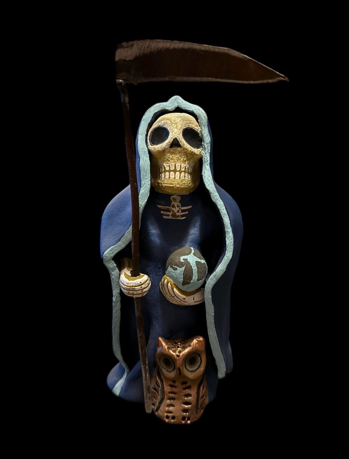 Santa Muerte Azul Statue + Blue + Mictecacihuatl + Mictlantecihuatl + Traditionally Crafted from Mexican Clay + 1 of a Kind + Made in Mexico