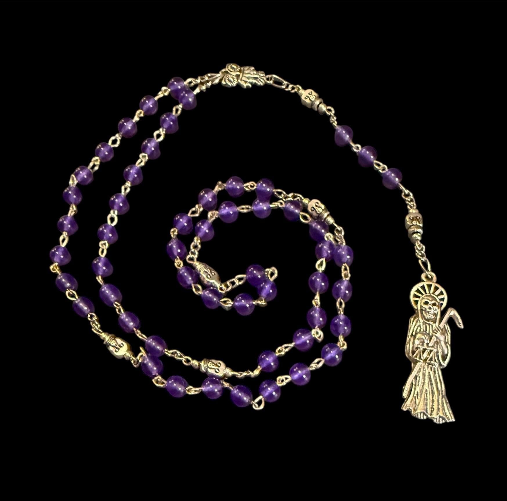 Santa Muerte Morada Rosary + Psychic Vision + Crystal + Blessed + Purple + Gemstone + Handcrafted + Sterling Silver Chain + Rosario