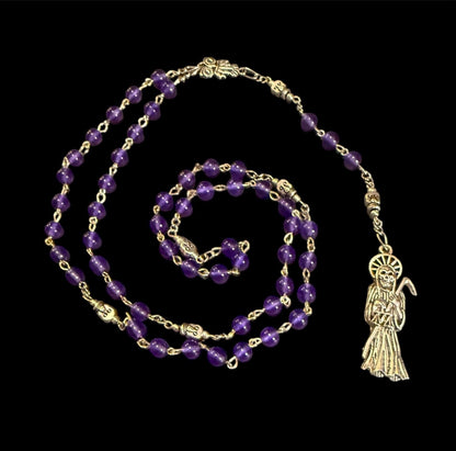 Santa Muerte Morada Rosary + Psychic Vision + Crystal + Blessed + Purple + Gemstone + Handcrafted + Sterling Silver Chain + Rosario