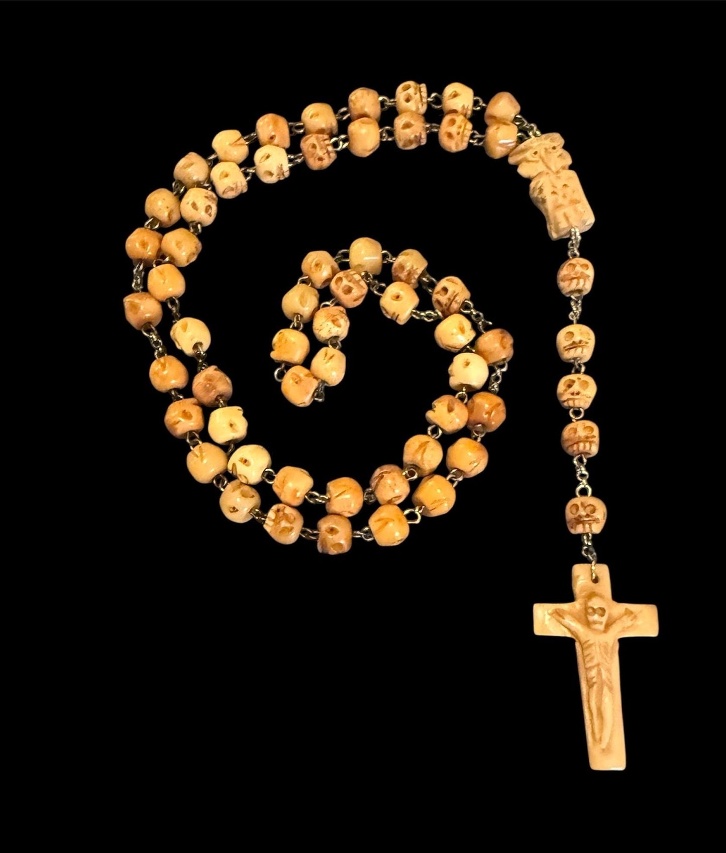 Santa Muerte Rosary with Bone Beads & Cross + Hueso + Blessed + Sterling Silver Plated Chain + Handcrafted + Rosario