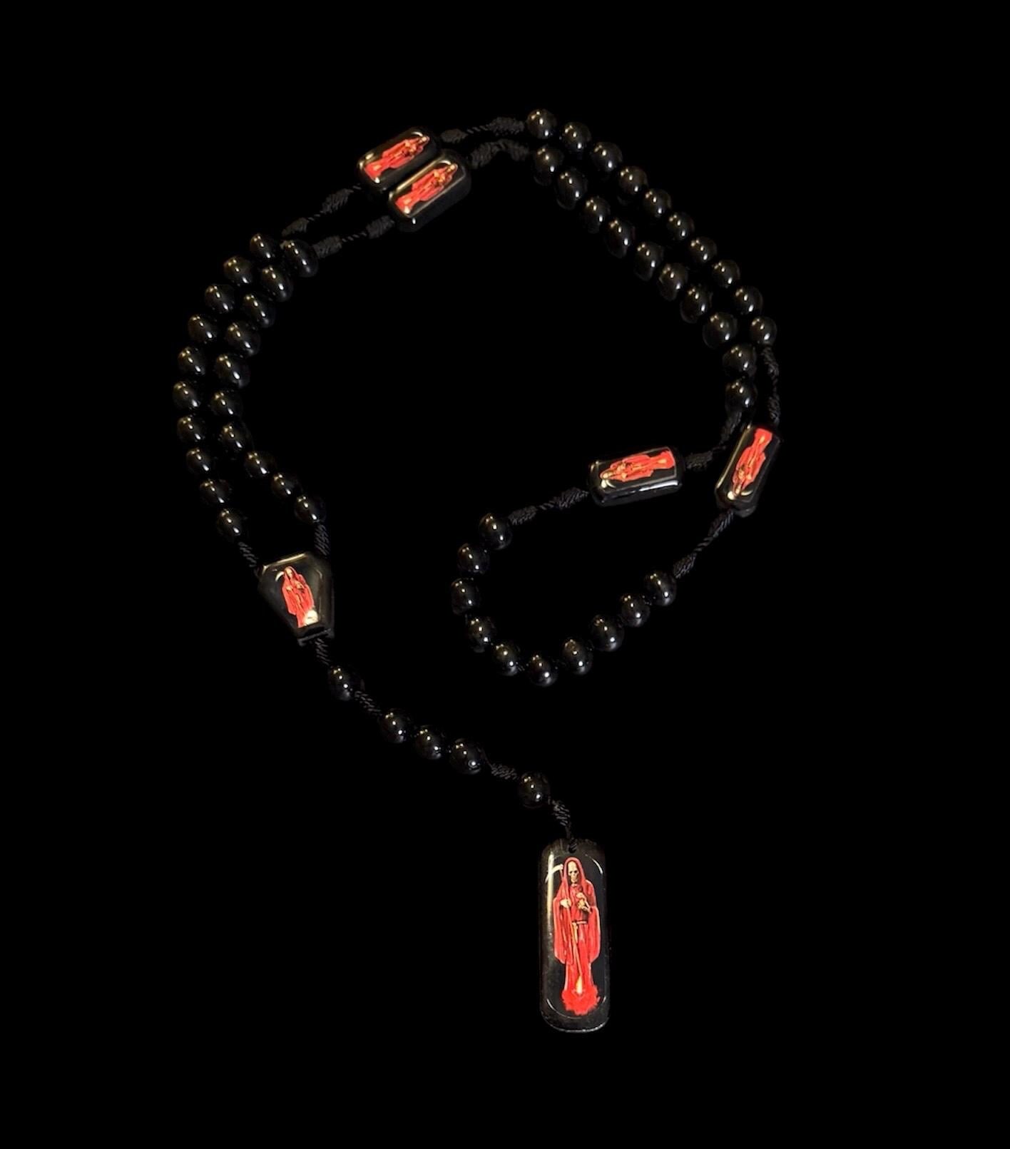 Santa Muerte Roja y Negra Rosary with Wood Beads + Blessed + Rosario + Protection + Reversing