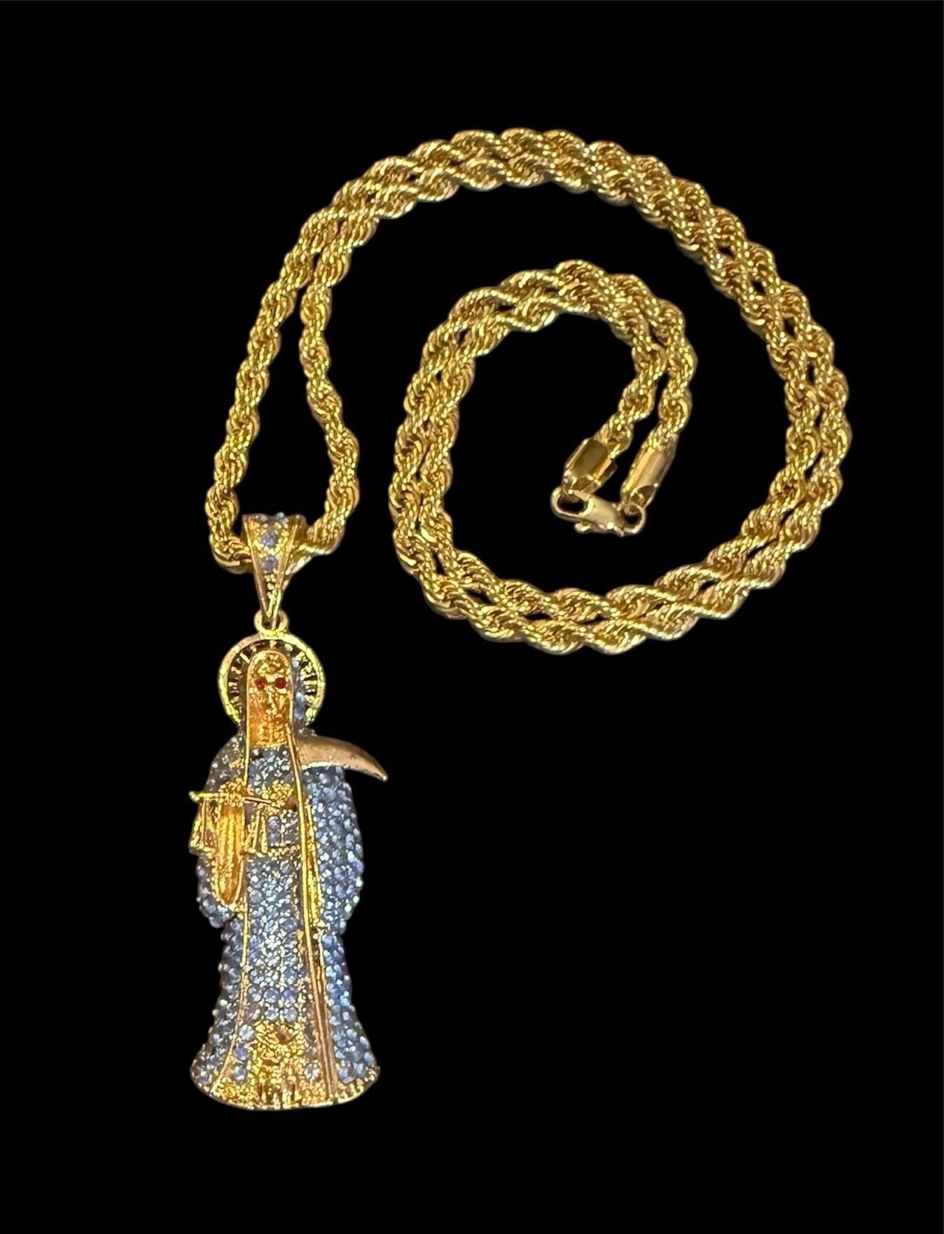Gold Santa Muerte Azul Necklace + Blessed + 18K Gold Plated Pendant and Chain + Blue Zirconia + Spiritual Protection + Made in Mexico