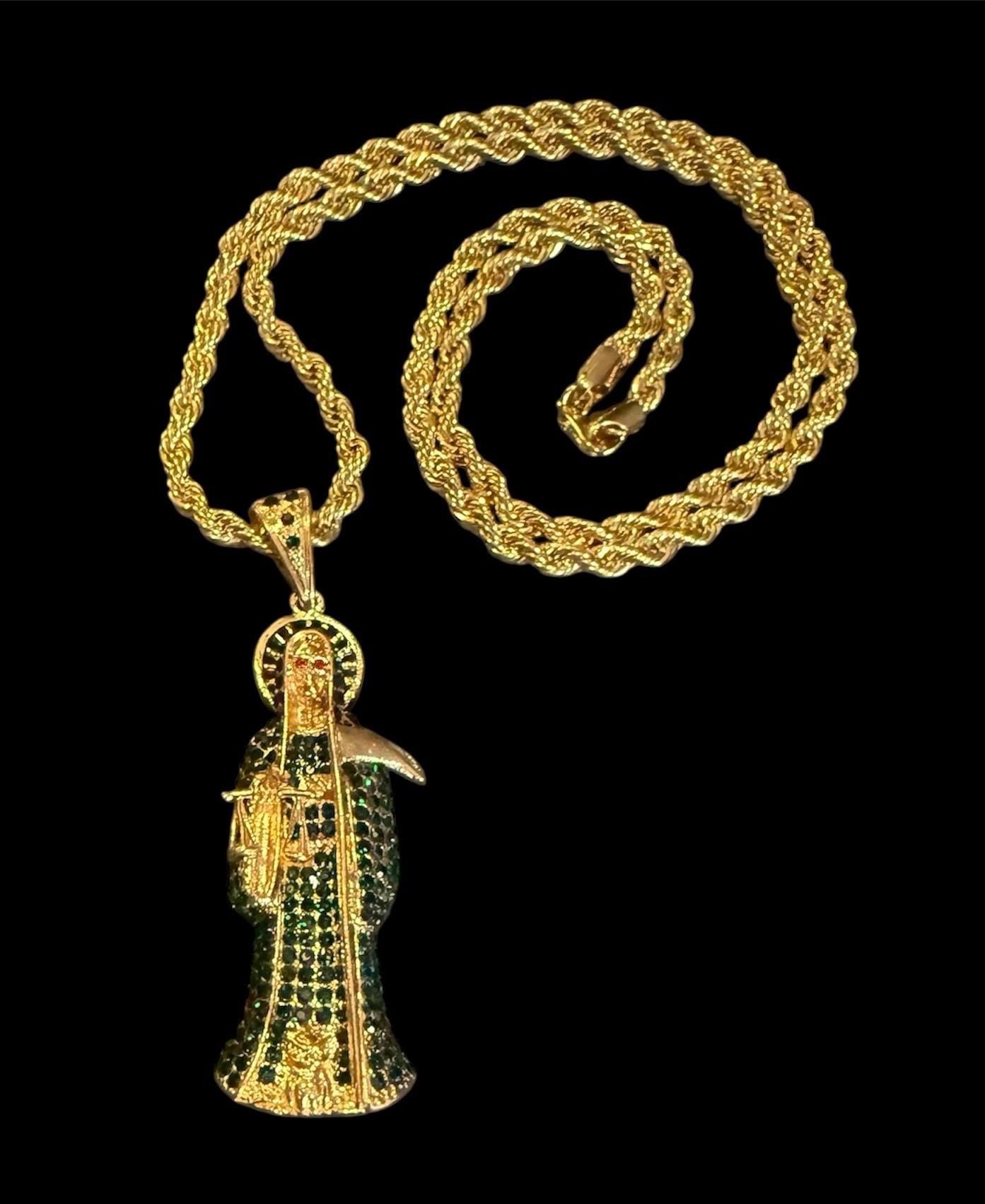 Gold Santa Muerte Verde Necklace + Money + Justice + Blessed + 18K Gold Plated Pendant & Chain + Green Zirconia + Protection + Made Mexico