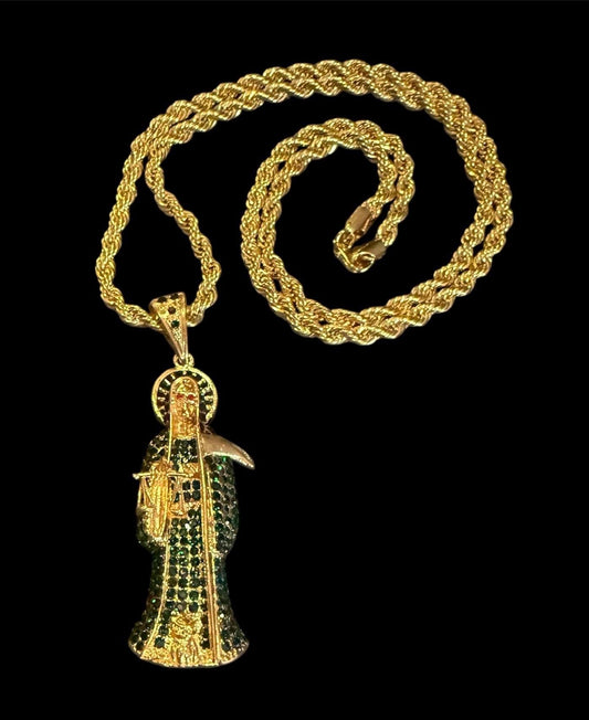 Gold Santa Muerte Verde Necklace + Money + Justice + Blessed + 18K Gold Plated Pendant & Chain + Green Zirconia + Protection + Made Mexico