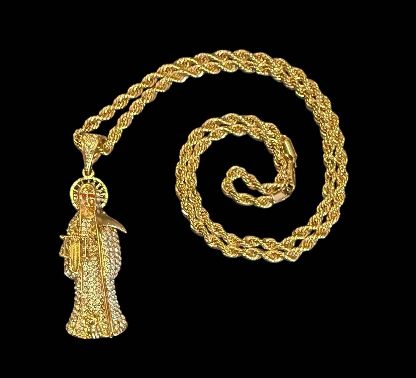 Gold Santa Muerte Blanca Necklace + Protection + Peace + Blessed + 18K Gold Plated Pendant & Chain + Clear Zirconia + Protection + Mexico