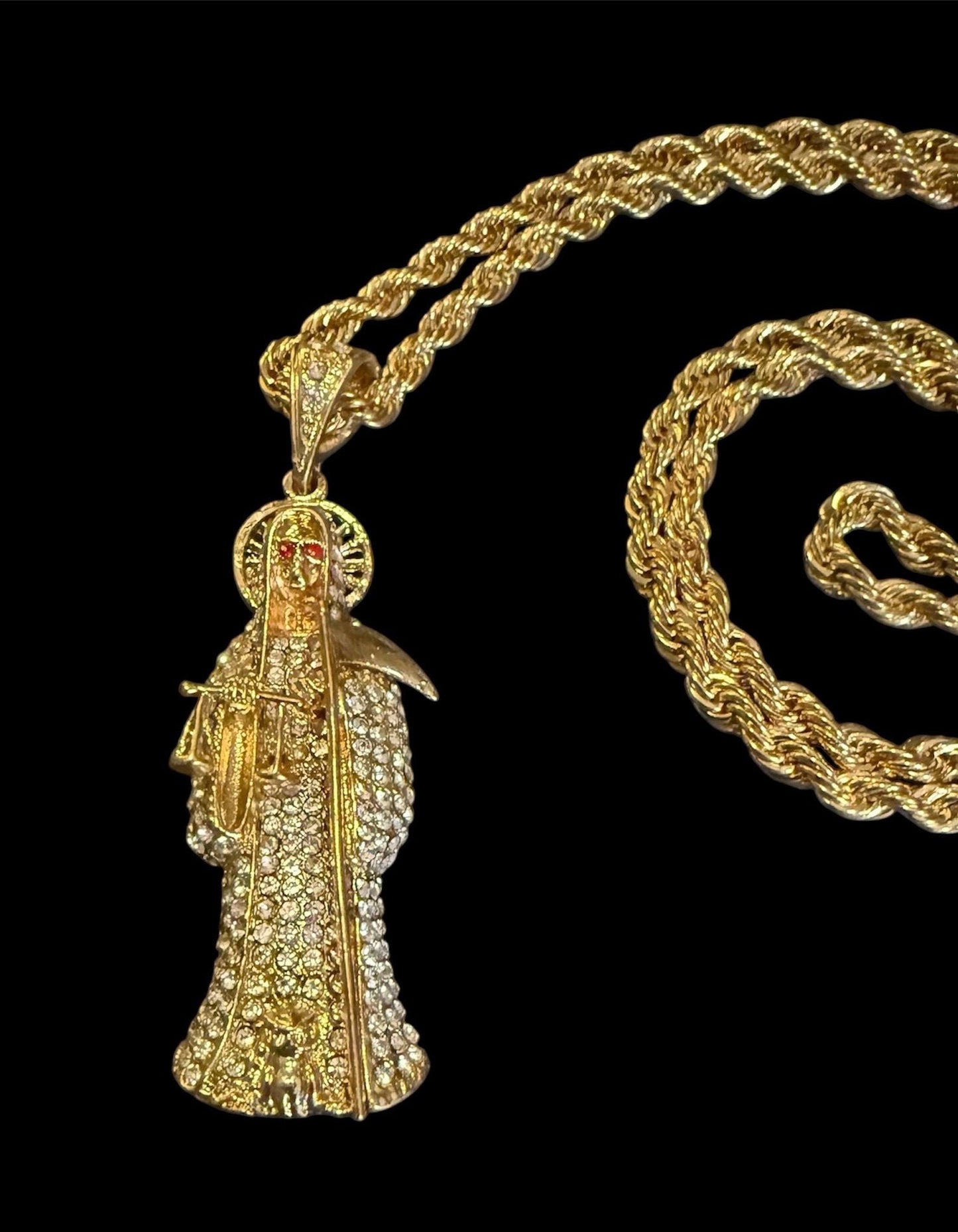 Gold Santa Muerte Blanca Necklace + Protection + Peace + Blessed + 18K Gold Plated Pendant & Chain + Clear Zirconia + Protection + Mexico