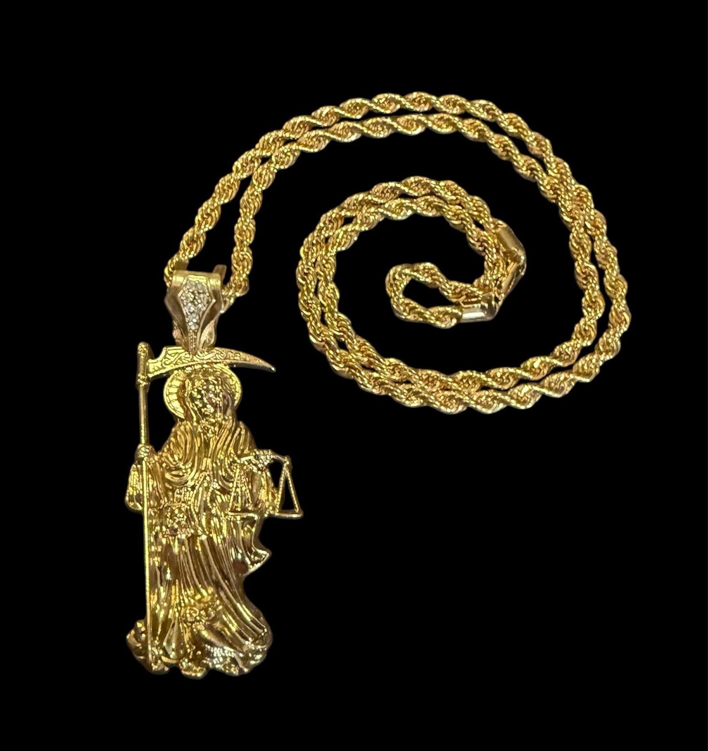 Gold Santa Muerte Necklace + Prosperity + Money + Blessed + 18K Gold Plated Pendant & Chain + Clear Zirconia + Protection + Made in Mexico