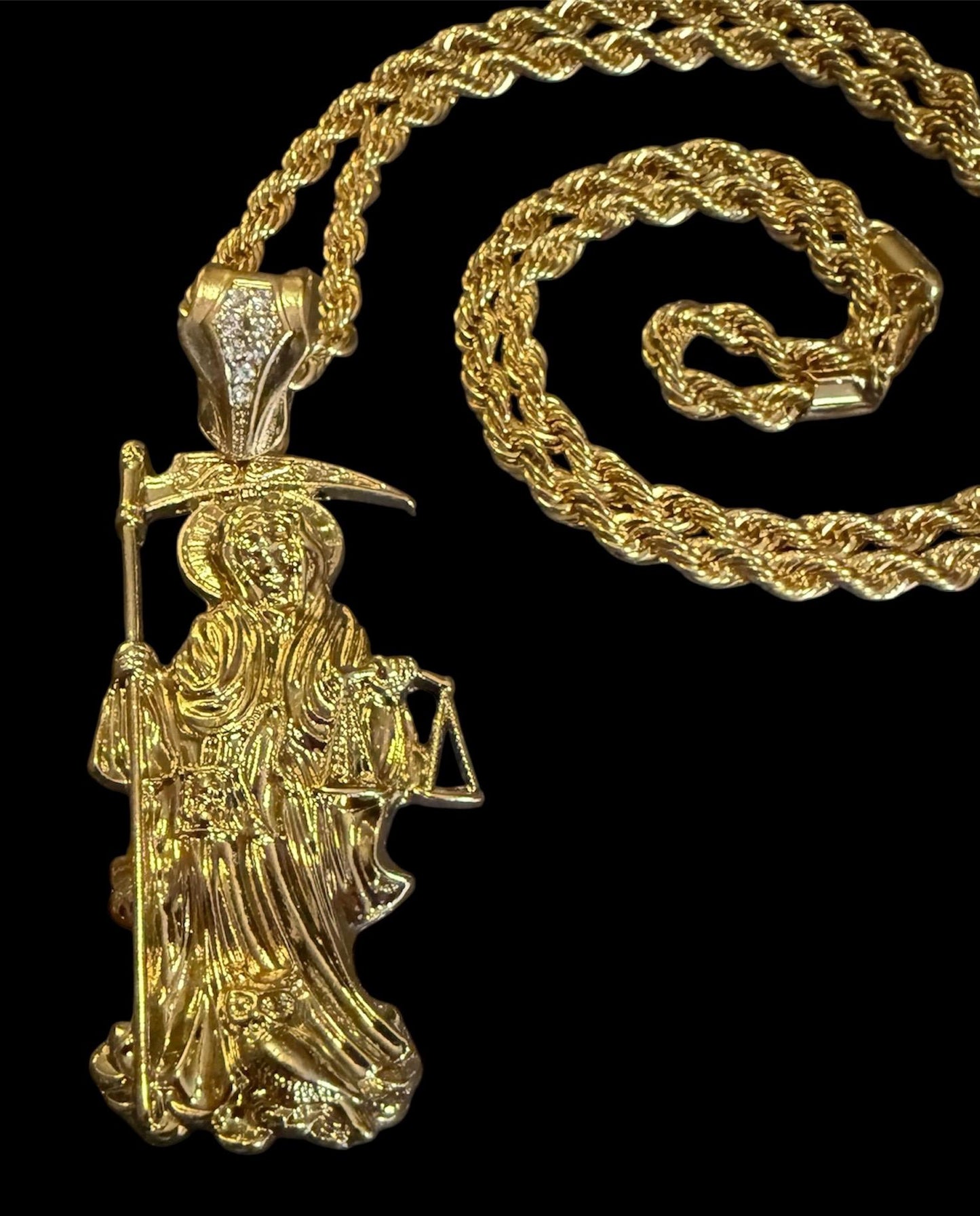 Gold Santa Muerte Necklace + Prosperity + Money + Blessed + 18K Gold Plated Pendant & Chain + Clear Zirconia + Protection + Made in Mexico