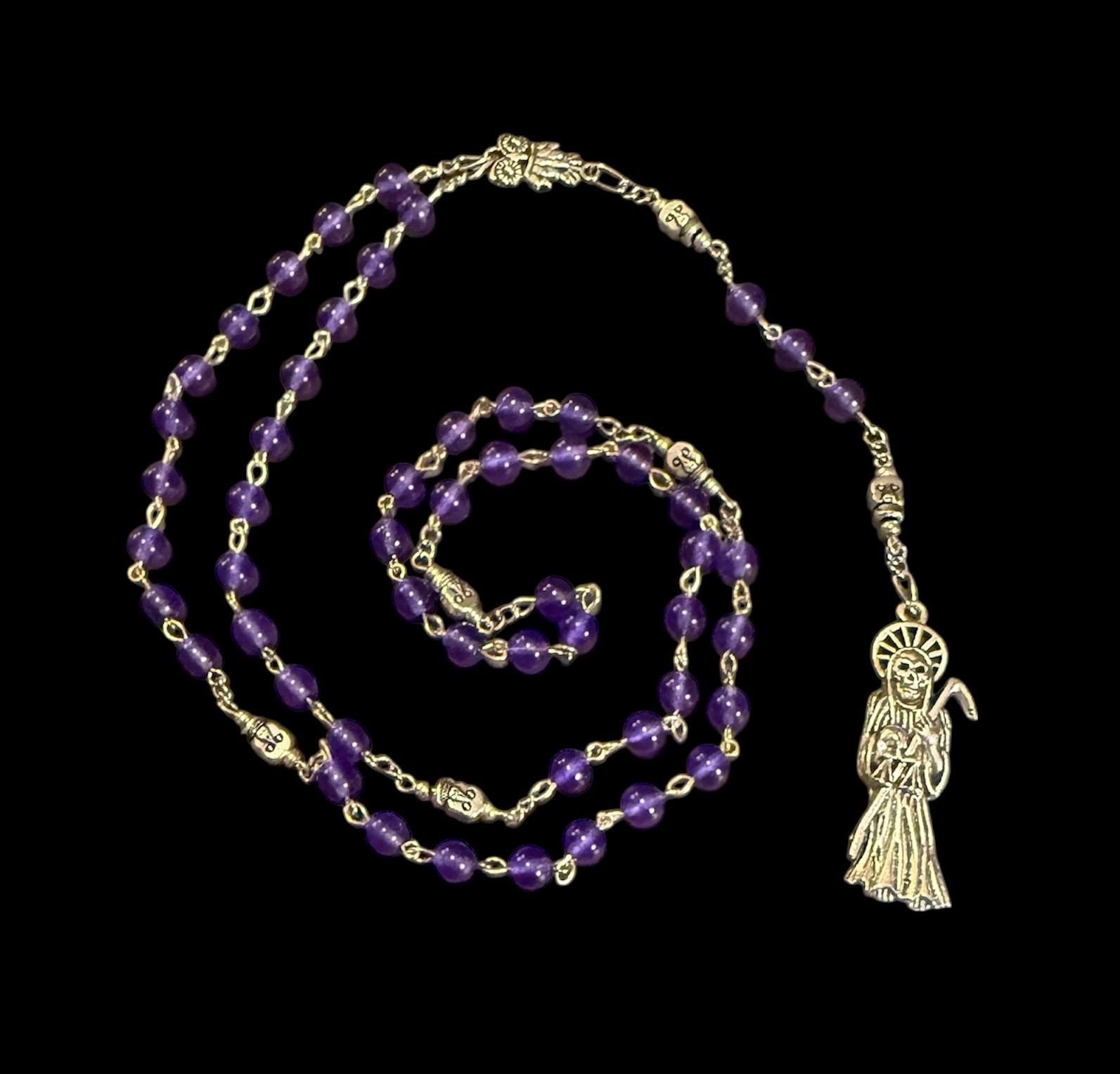 Santa Muerte Morada Rosary + Psychic Vision + Crystal + Blessed + Purple + Gemstone + Handcrafted + Sterling Silver Chain + Rosario