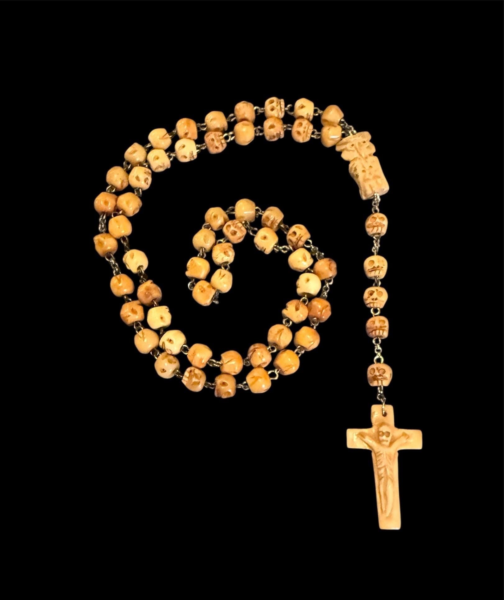 Santa Muerte Rosary with Bone Beads & Cross + Hueso + Blessed + Sterling Silver Plated Chain + Handcrafted + Rosario