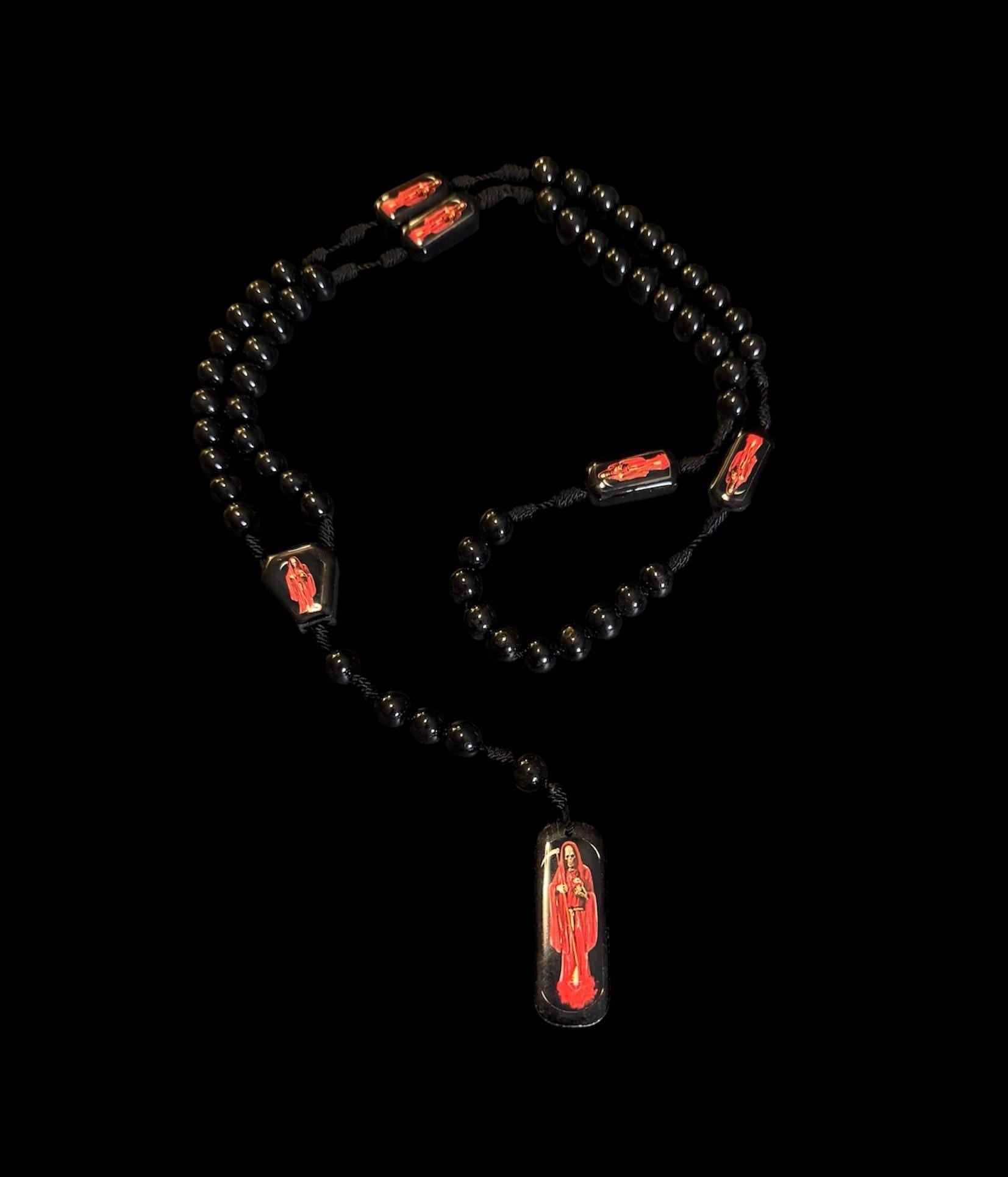 Santa Muerte Roja y Negra Rosary with Wood Beads + Blessed + Rosario + Protection + Reversing