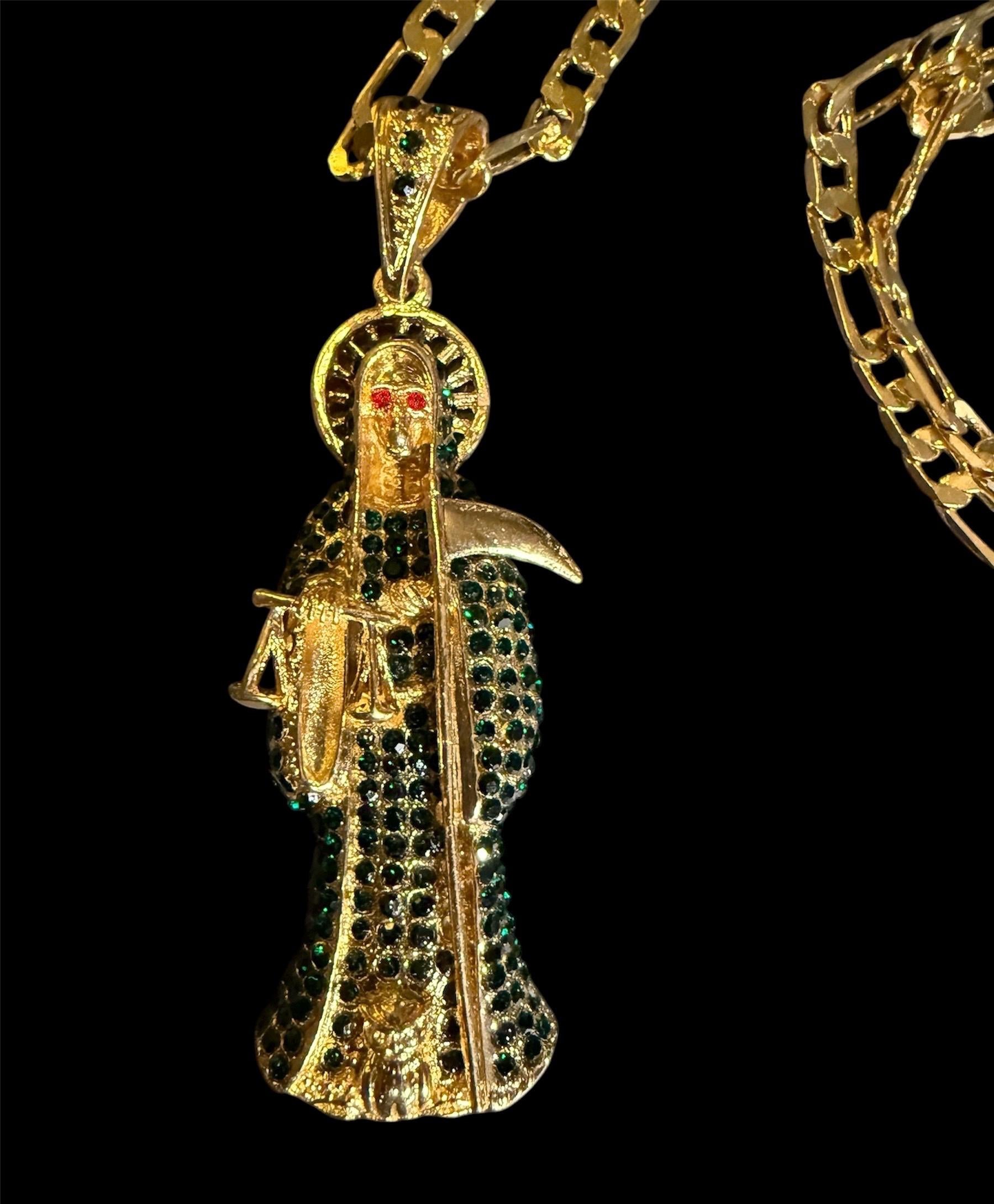 Gold Santa Muerte Verde Necklace + Money + Justice + Blessed + 18K Gold Plated Pendant & Chain + Green Zirconia + Protection + Made Mexico