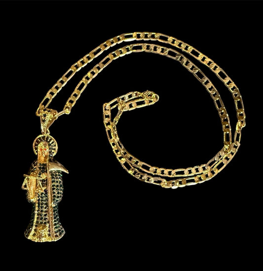 Gold Santa Muerte Verde Necklace + Money + Justice + Blessed + 18K Gold Plated Pendant & Chain + Green Zirconia + Protection + Made Mexico