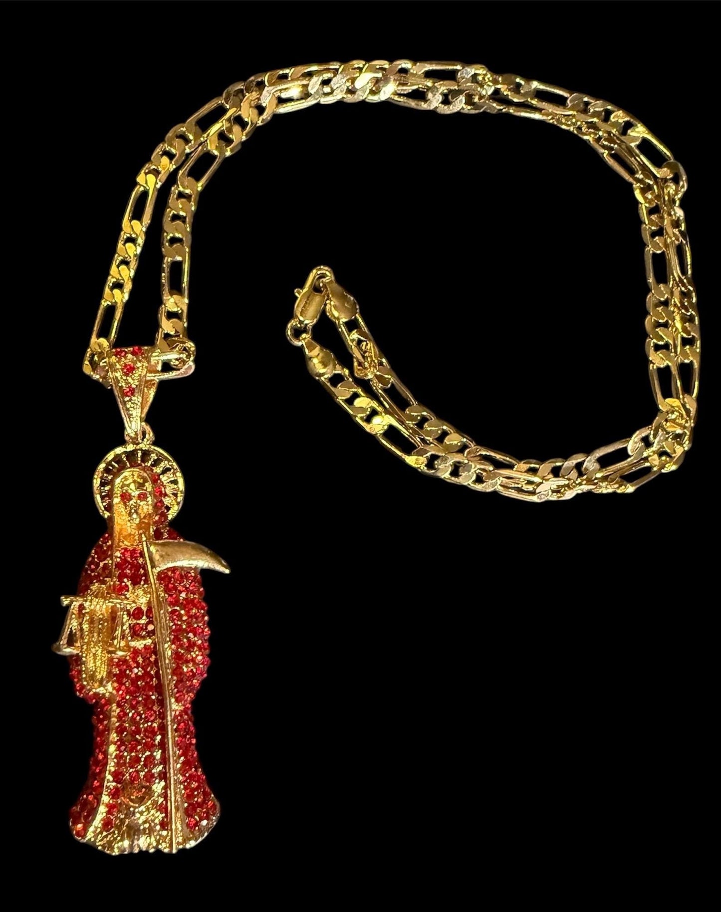 Gold Santa Muerte Roja Necklace + Love + Money + Blessed + 18K Gold Plated Pendant & Chain + Red Zirconia + Protection + Made in Mexico