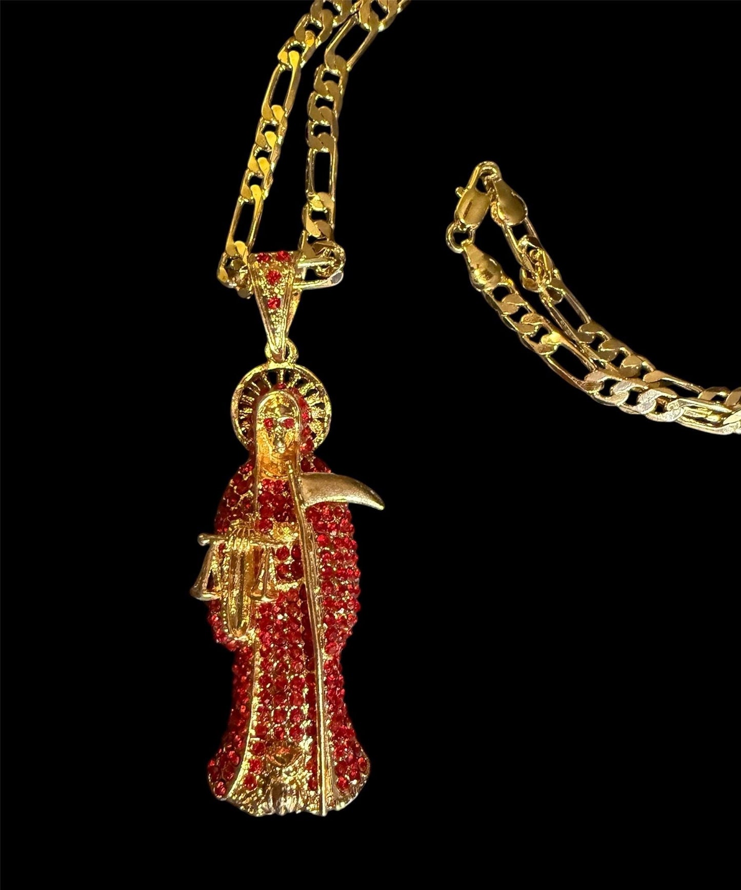Gold Santa Muerte Roja Necklace + Love + Money + Blessed + 18K Gold Plated Pendant & Chain + Red Zirconia + Protection + Made in Mexico