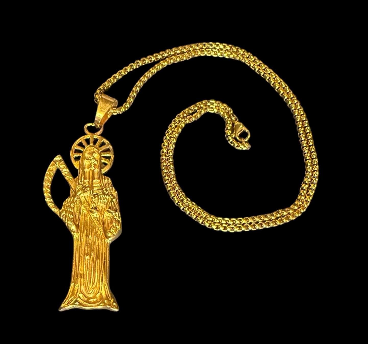 Gold Santa Muerte Necklace + Prosperity + Money + Blessed + 18K Gold Plated Pendant & Chain + Clear Zirconia + Protection + Made in Mexico