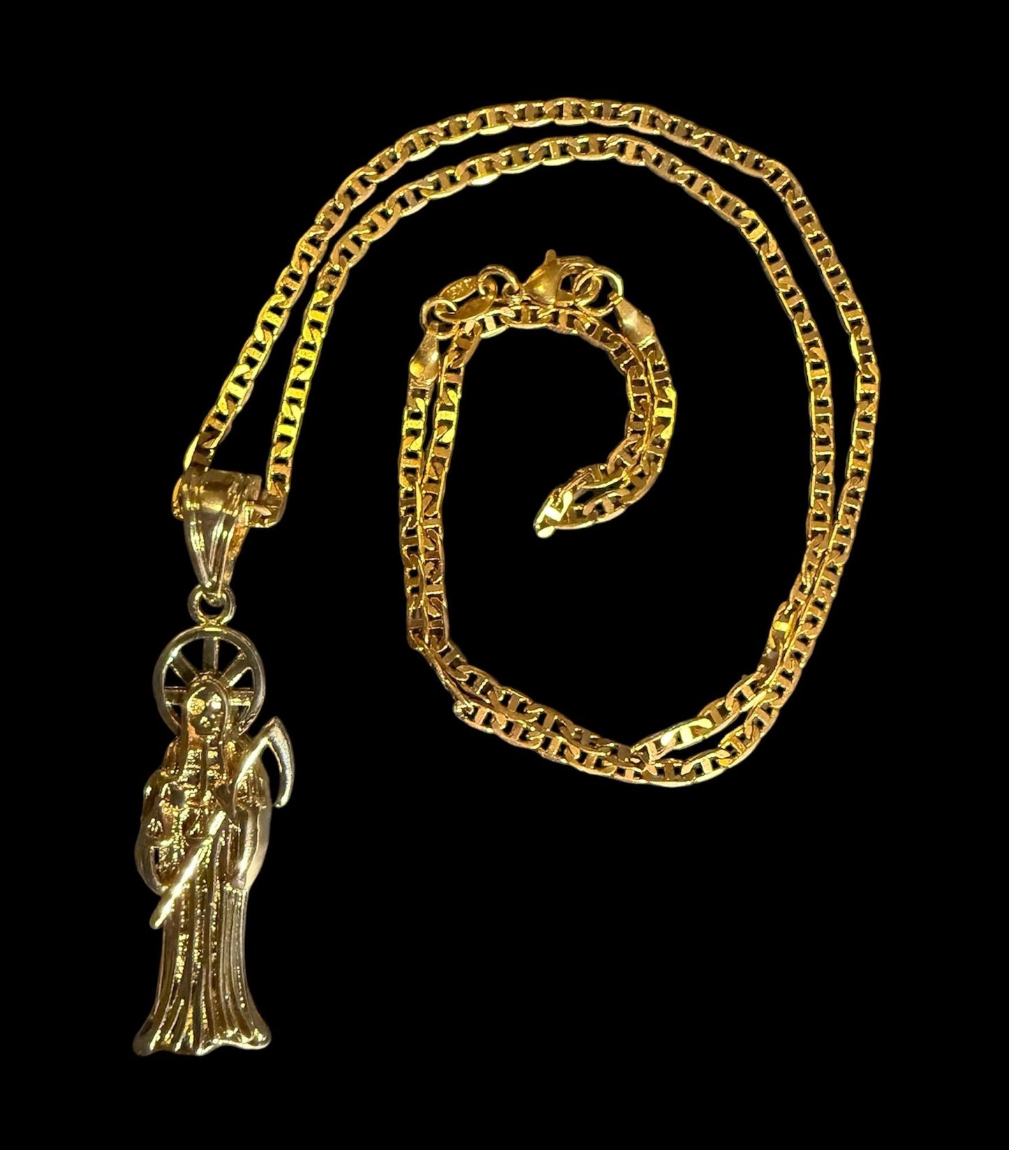 Gold Santa Muerte Necklace + Prosperity + Money + Blessed + 18K Gold Plated Pendant & Chain + Clear Zirconia + Protection + Made in Mexico