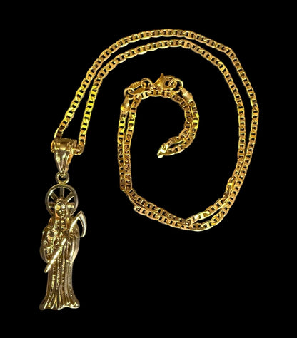 Gold Santa Muerte Necklace + Prosperity + Money + Blessed + 18K Gold Plated Pendant & Chain + Clear Zirconia + Protection + Made in Mexico