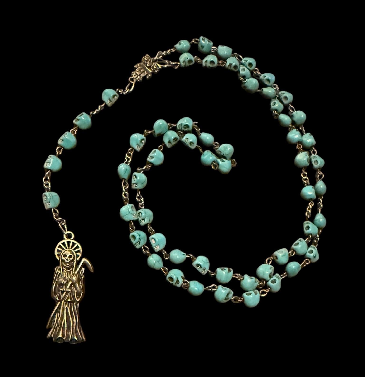 Santa Muerte Azul Rosary + Blue + Sterling Silver Plated Chain + Handcrafted + Rosario