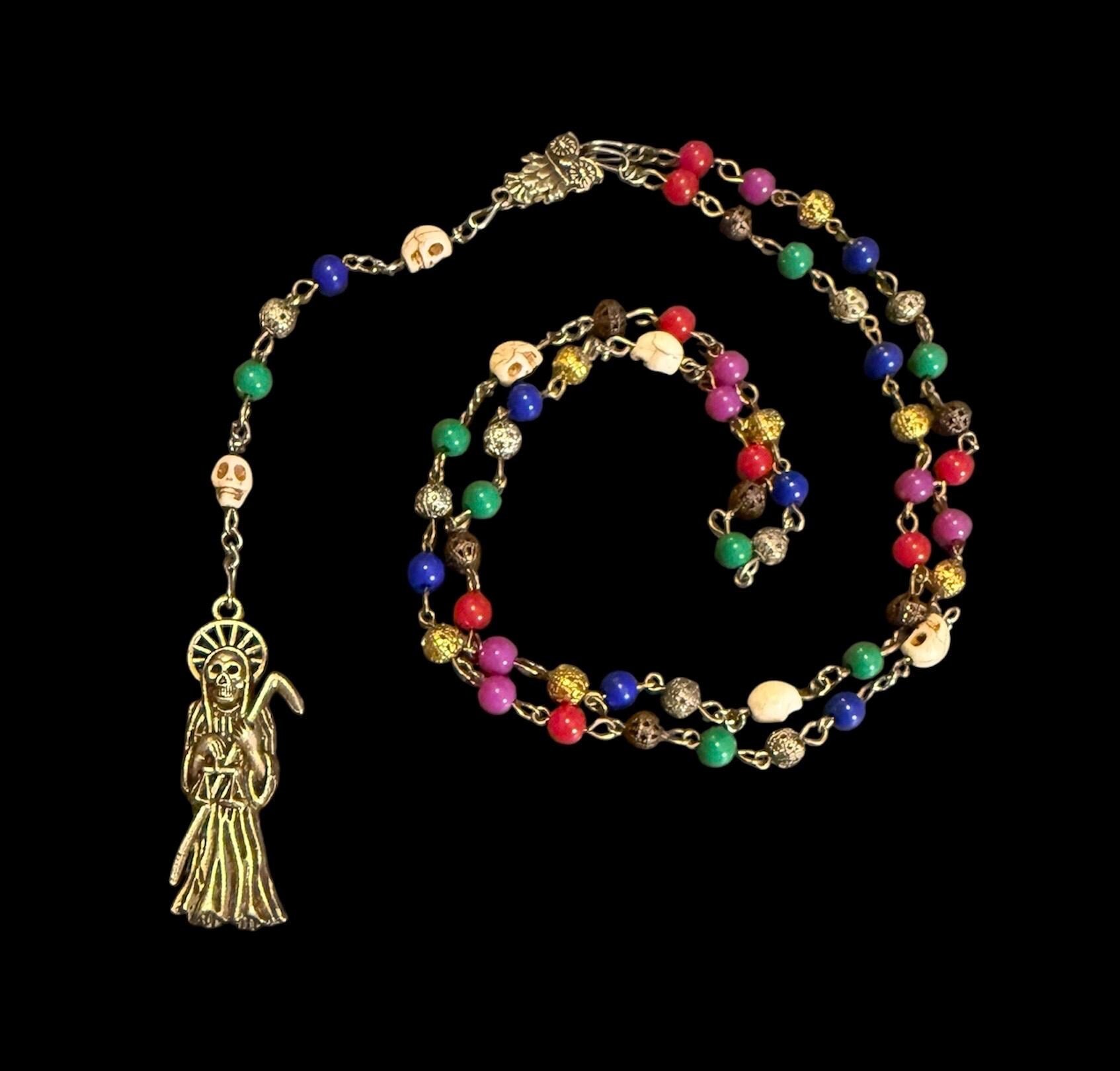 Santa Muerte Siete Colores Rosary + Siete Potencias + All-Purpose + Blessed + Sterling Silver Plated Chain + Handcrafted + Rosario