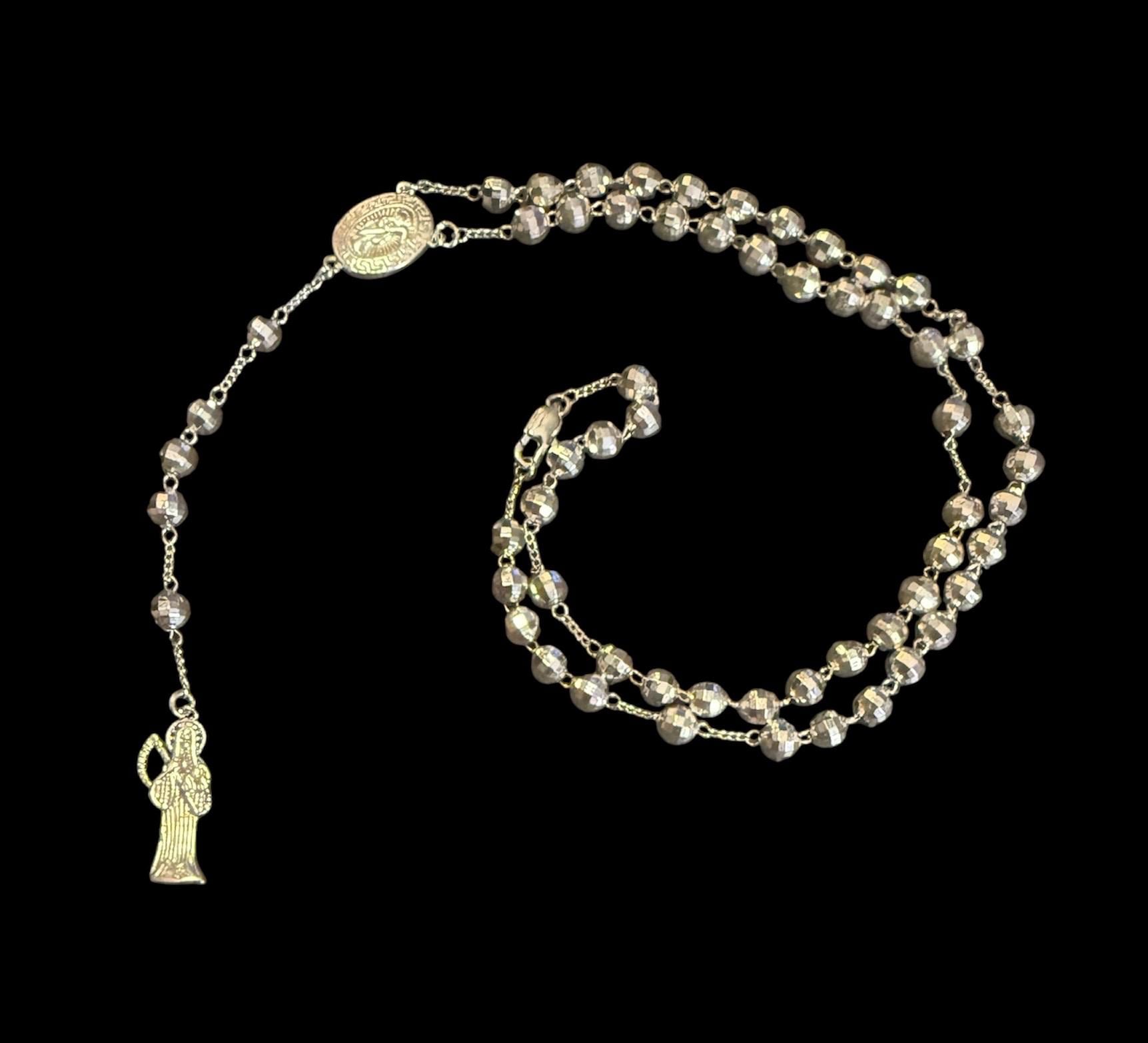 Santa Muerte Silver Rosary Necklace + Money + Luck + All-Purpose + Blessed + Moon + Rosario