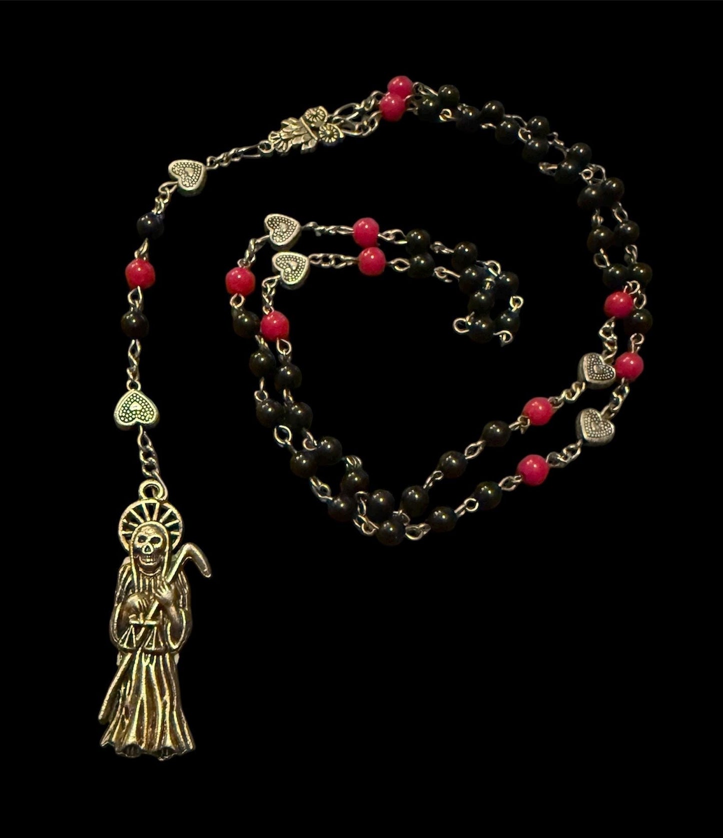 Santa Muerte Negra y Roja Rosary + Protection + Reversing + Black & Red + Blessed + Sterling Silver Plated Chain + Handcrafted + Rosario