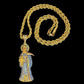 Gold Santa Muerte Azul Necklace + Blessed + 18K Gold Plated Pendant and Chain + Blue Zirconia + Spiritual Protection + Made in Mexico
