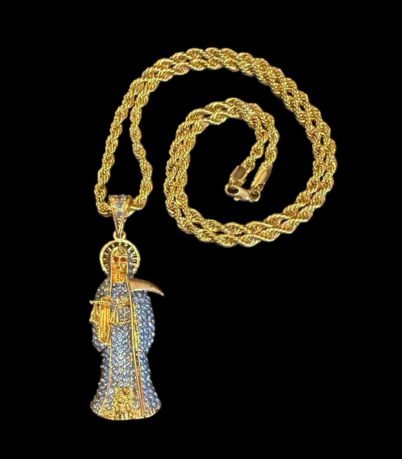 Gold Santa Muerte Azul Necklace + Blessed + 18K Gold Plated Pendant and Chain + Blue Zirconia + Spiritual Protection + Made in Mexico