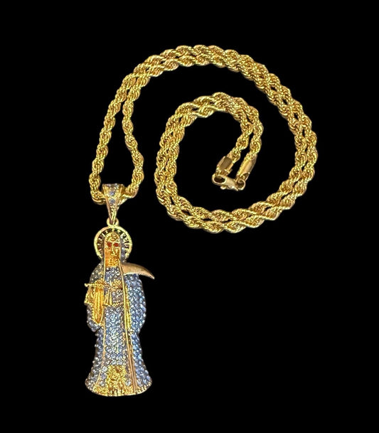 Gold Santa Muerte Azul Necklace + Blessed + 18K Gold Plated Pendant and Chain + Blue Zirconia + Spiritual Protection + Made in Mexico