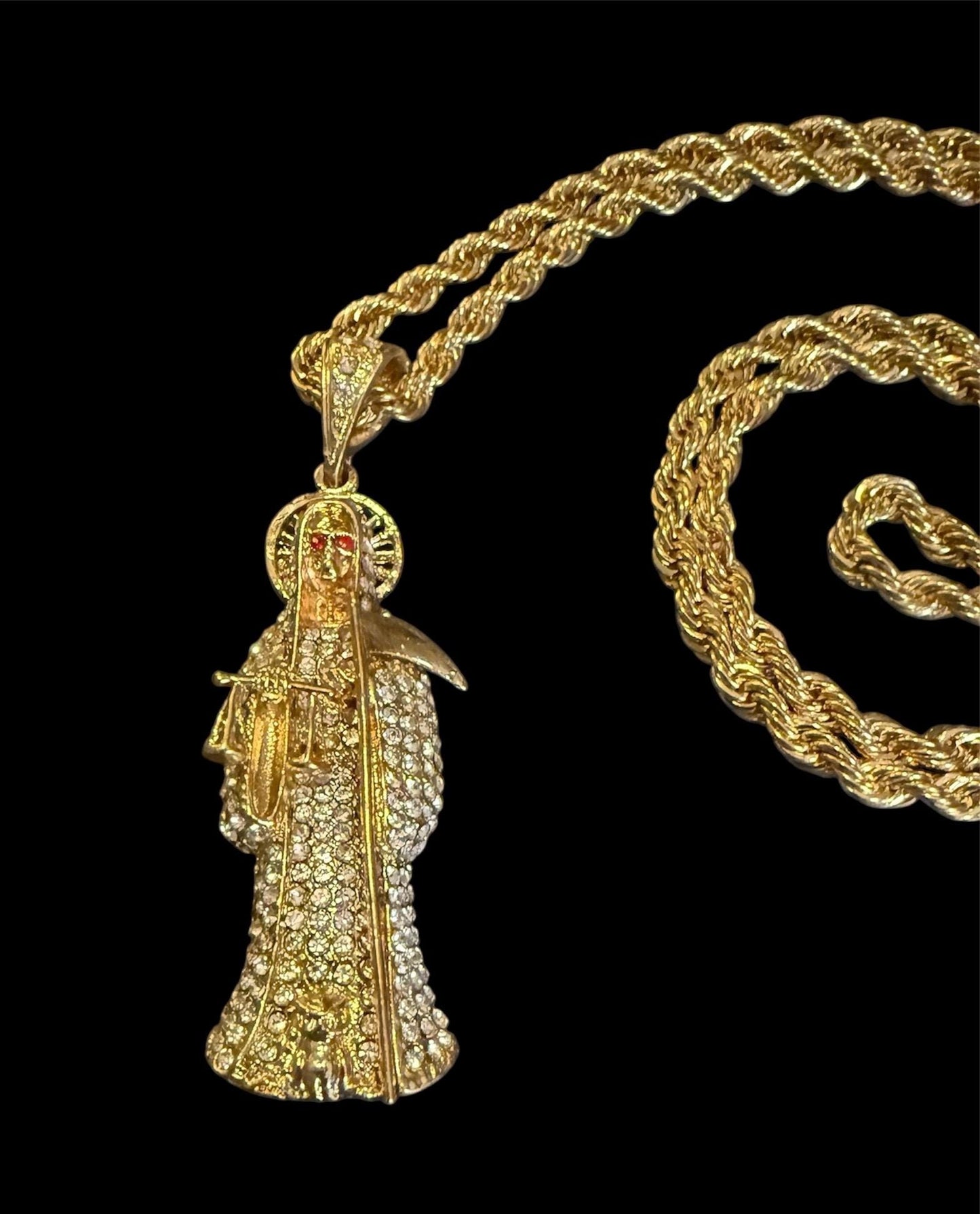 Gold Santa Muerte Blanca Necklace + Protection + Peace + Blessed + 18K Gold Plated Pendant & Chain + Clear Zirconia + Protection + Mexico
