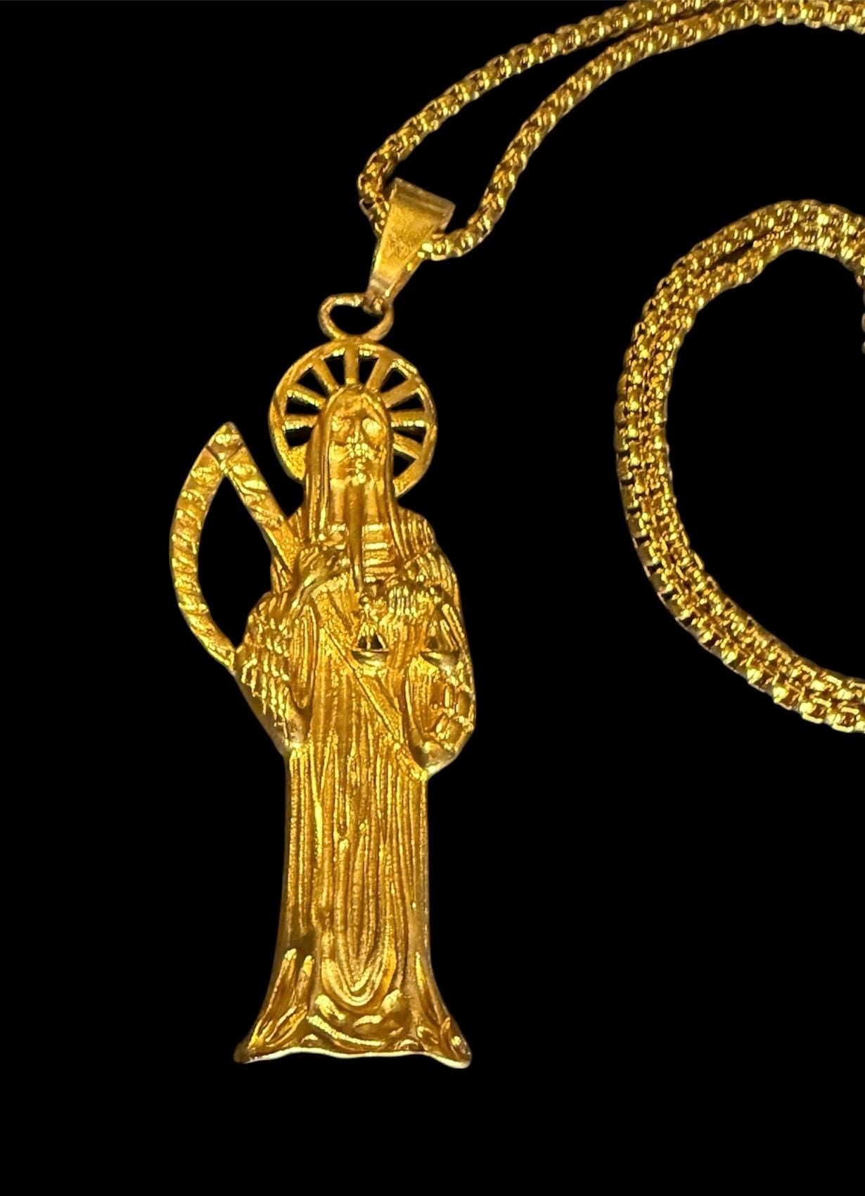 Gold Santa Muerte Necklace + Prosperity + Money + Blessed + 18K Gold Plated Pendant & Chain + Clear Zirconia + Protection + Made in Mexico