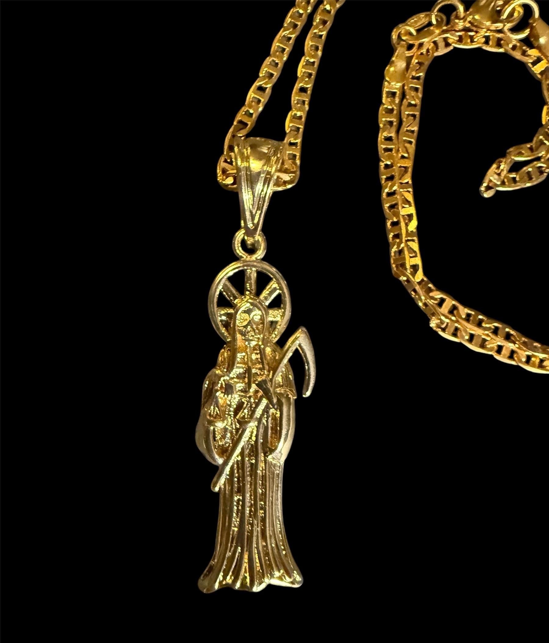 Gold Santa Muerte Necklace + Prosperity + Money + Blessed + 18K Gold Plated Pendant & Chain + Clear Zirconia + Protection + Made in Mexico