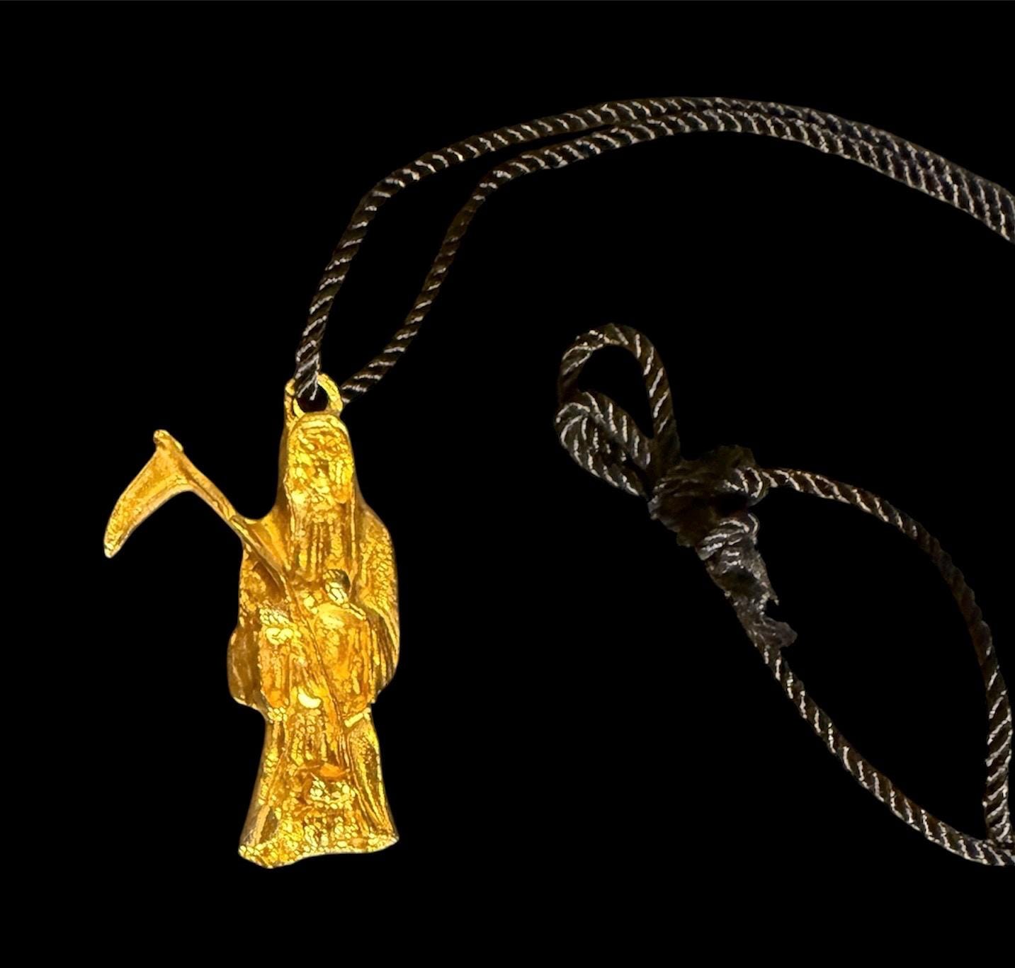 Gold Santa Muerte Necklace + Prosperity + Money + Blessed + Vintage + Protection + Made in Mexico + One of a Kind